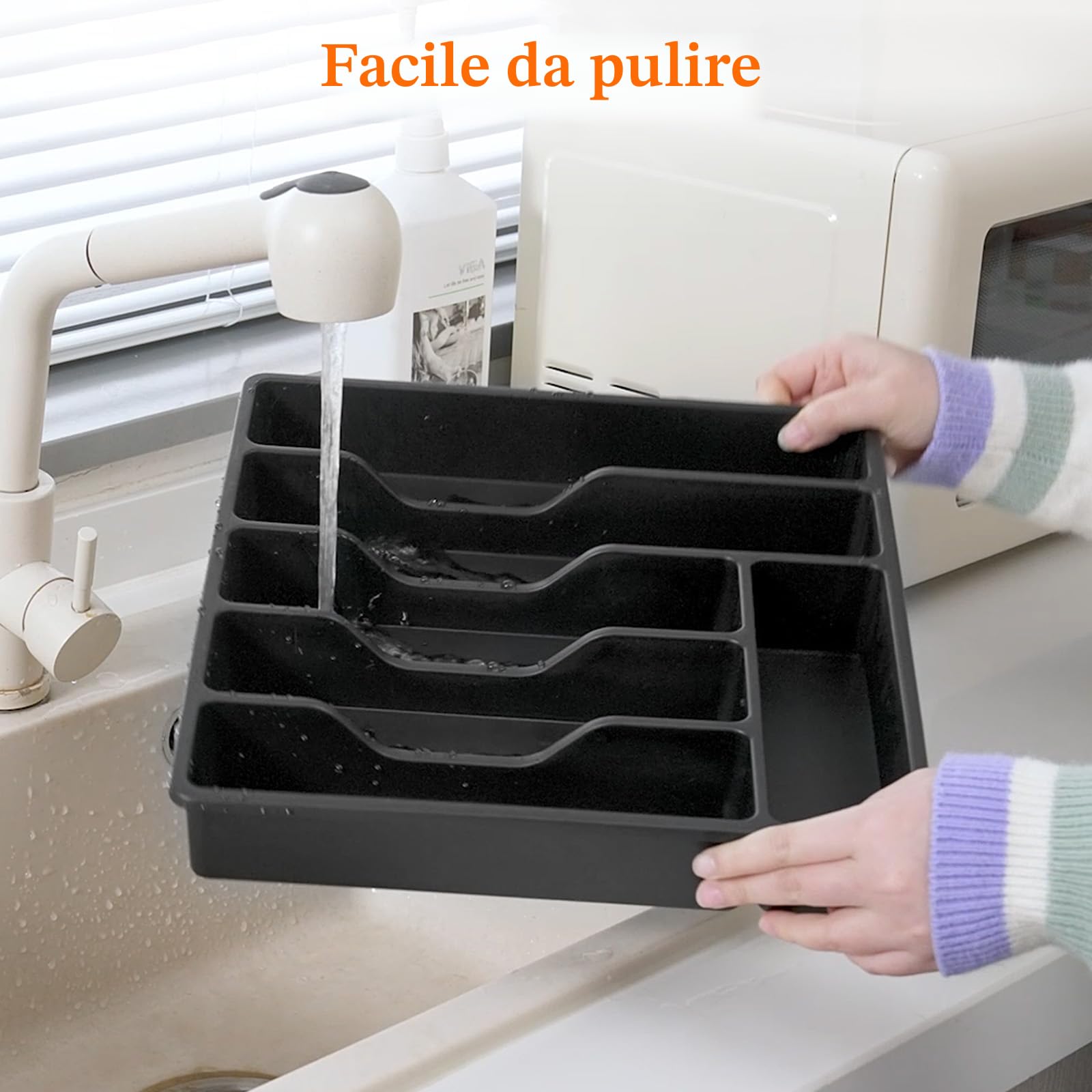 Lifewit Portaposate con Coperchio, Contenitore Porta Posate da Cassetto per Cucina, Organizer in Plastica per Cassetto per Cucchiai, Forchette, Coltelli, 6 Scomparti, Nero