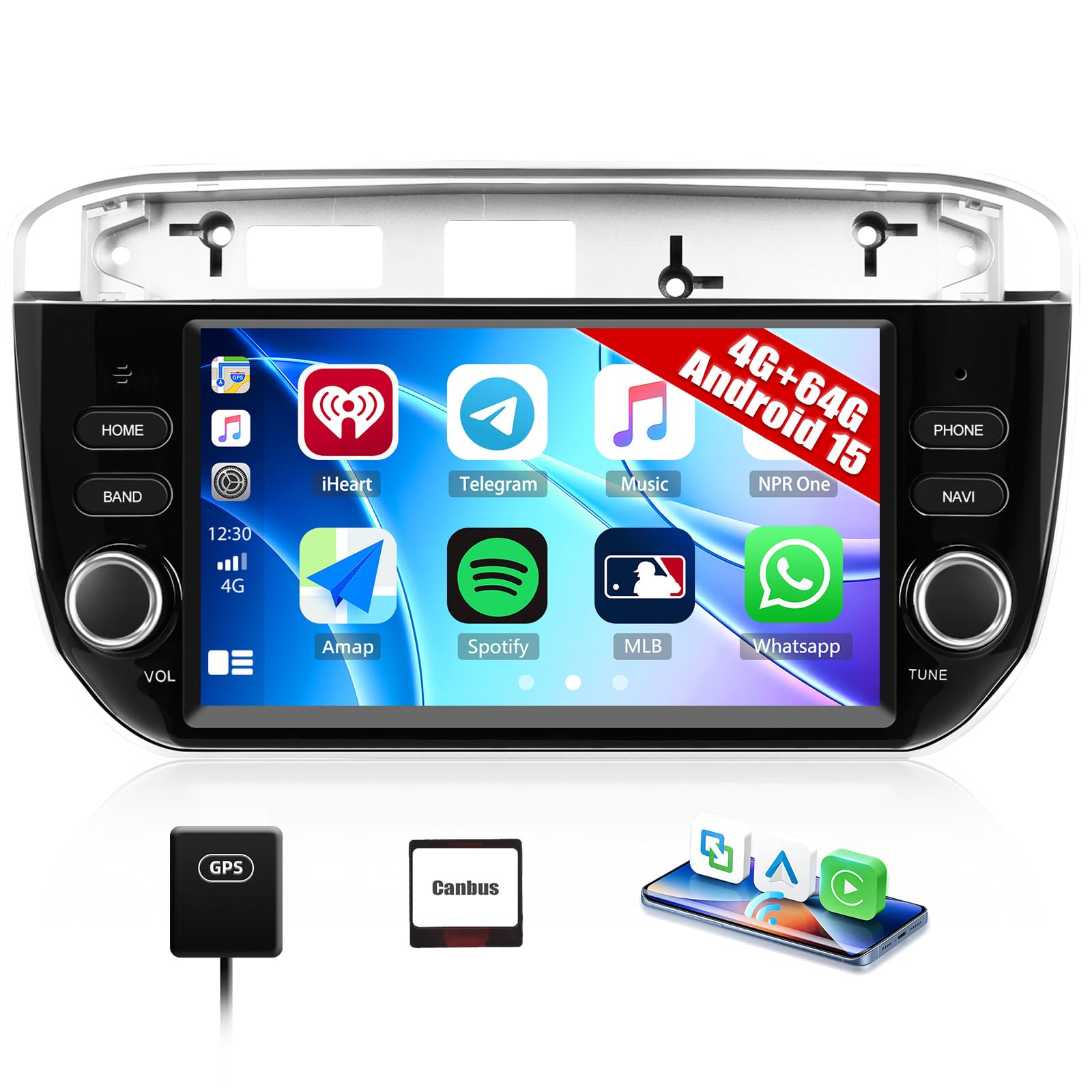 CAMECHO 4+64G Android 15 Carplay Autoradio per Fiat Punto (2012-2016), Nav Wireless Carplay Android Auto, Stereo con Schermo da 7 Pollici Bluetooth 5.0 RDS/FM Mirror Link EQ +Telecamera posteriore