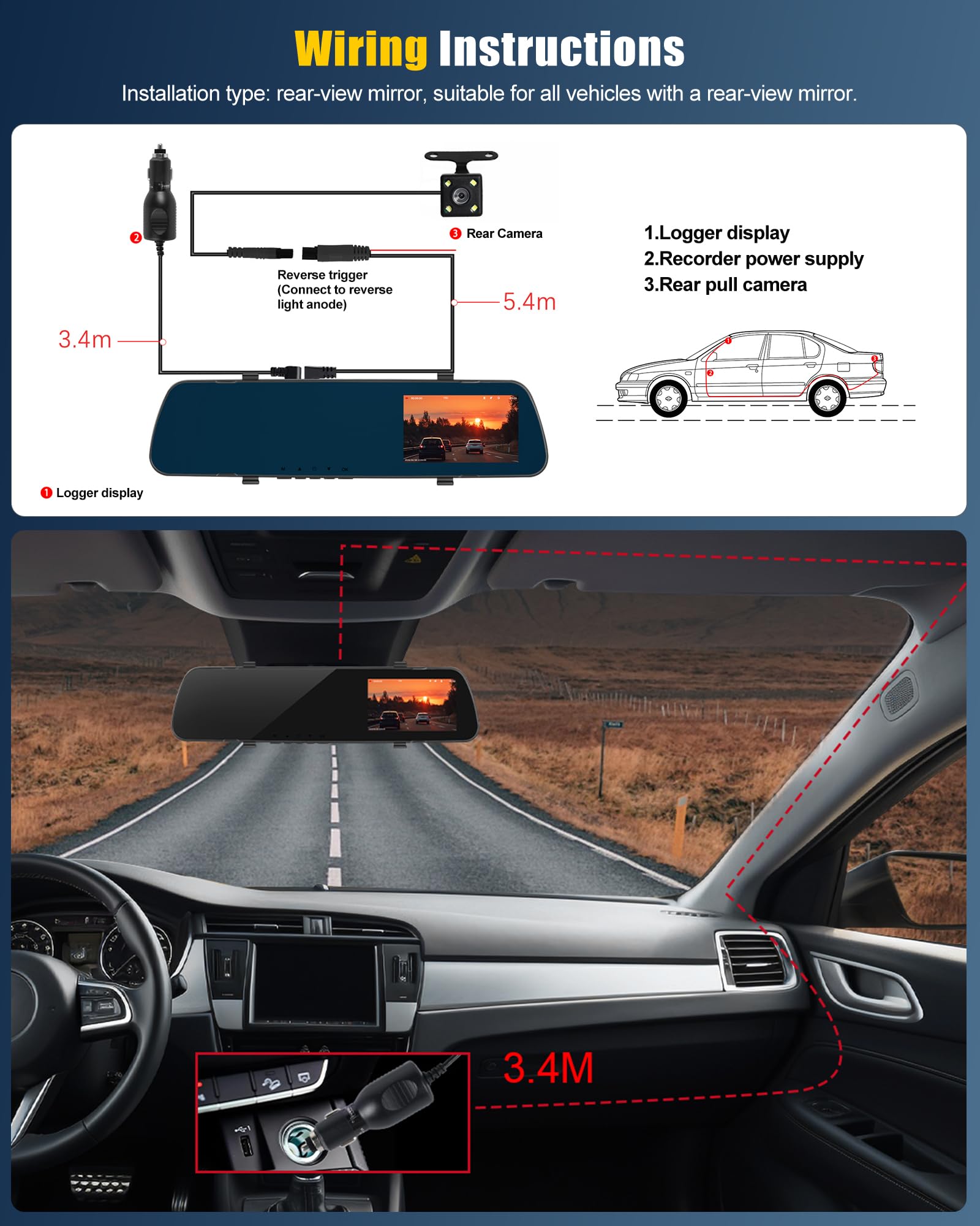 OiLiehu Cámara Salpicadero 1080P HD con Pantalla Táctil 4,0 Pulgadas, 480P Cámara Visión Trasera, Grabación en Bucle, Asistente de Marcha Atrás, Detección de Movimiento, Rotación de Lentes