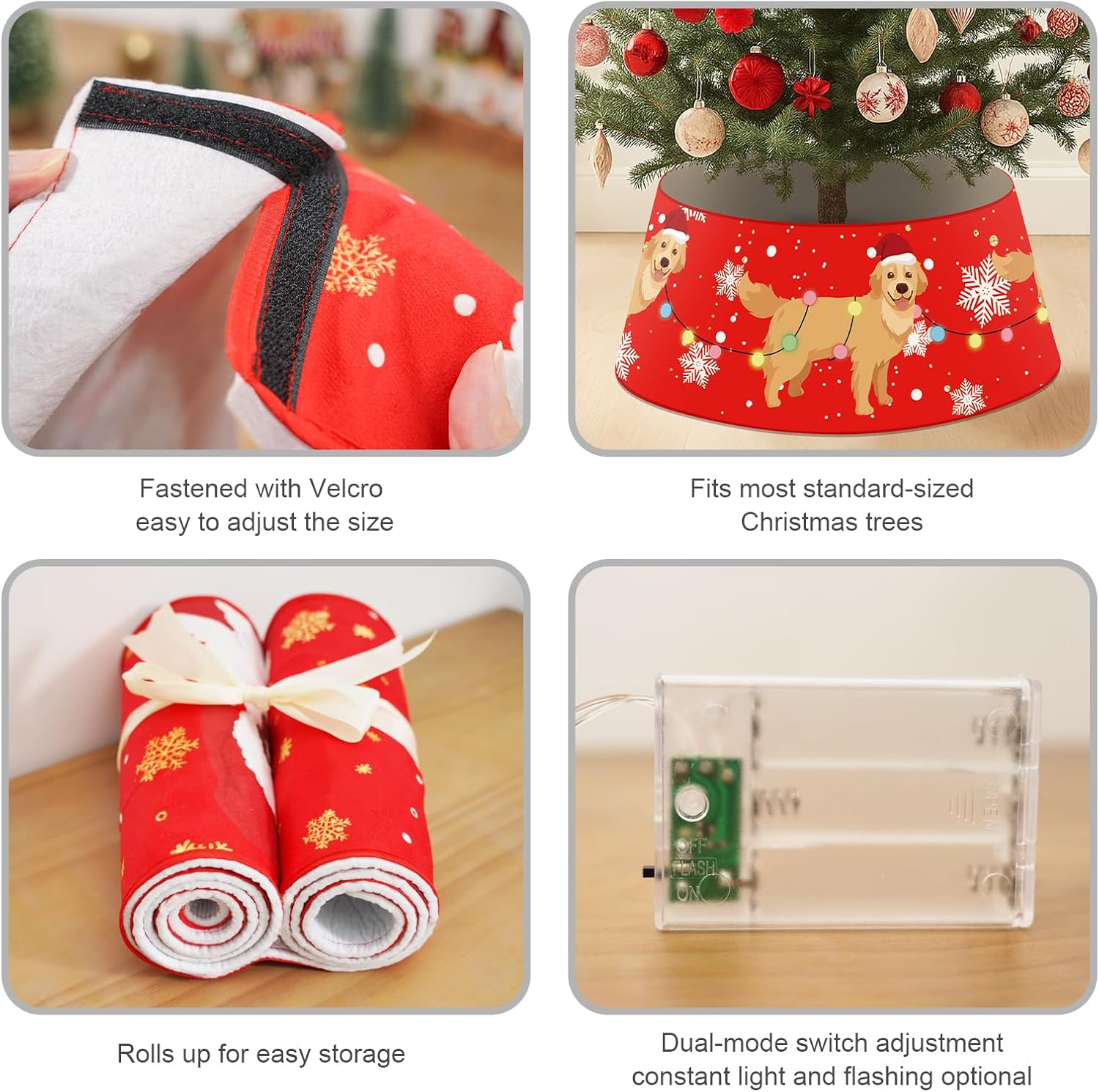 Dog Christmas Tree Collar Golden Retriever Christmas Decor Red Tree Skirt with LED Light Ring Base Cover for Christmas Trees Decoration Holiday Indoor Outdoor