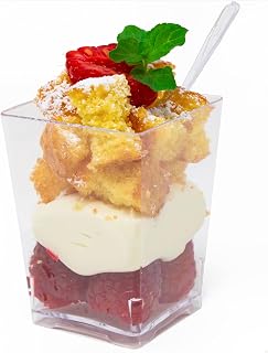 50 Pack 4 oz. Square Small Plastic Dessert Cup With Spoons Hermes Professional-Grade Recyclable Transparent Disposable Party Cup for Parfait Desserts, Appetizers, and Events CMJJ