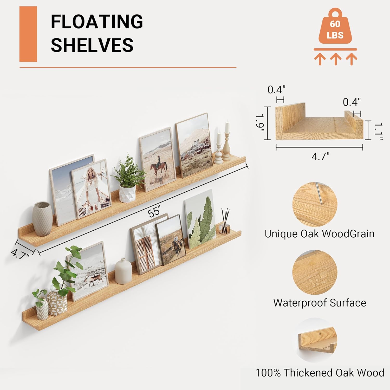 Vivelove Oak Picture Ledge Shelf,Floating Wall Mounted Shelves, Black Shelves for Wall Decor, Modern Picture Ledge Shelf with Lip for Storage, Bedroom, Living Room, Bathroom,Nursery Display