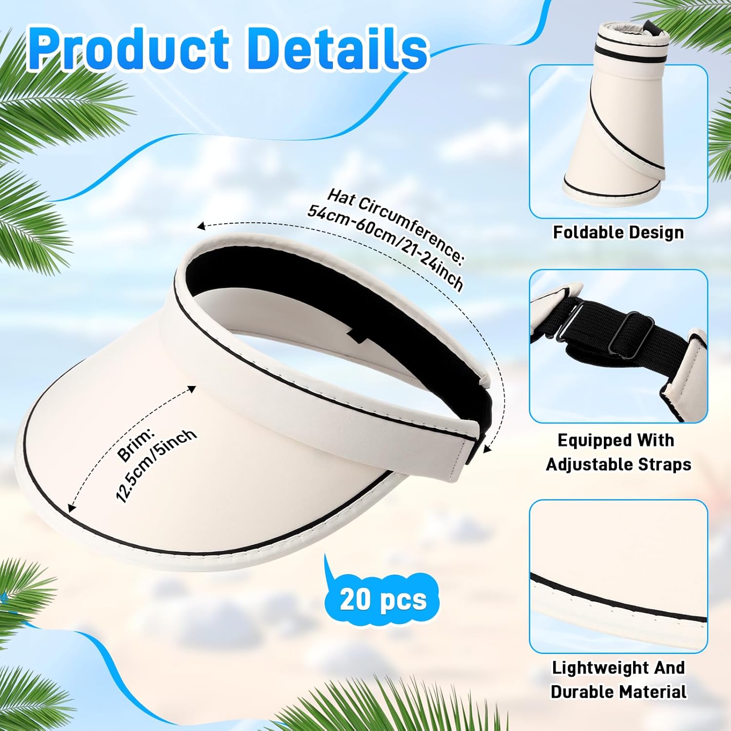 20 Pcs Sun Visor Hats for Women Bulk Wide Brim Foldable UV Protection Sun Hats Lightweight Roll up Ponytail Hat Packable for Outdoor Travel Golf Beach Beige
