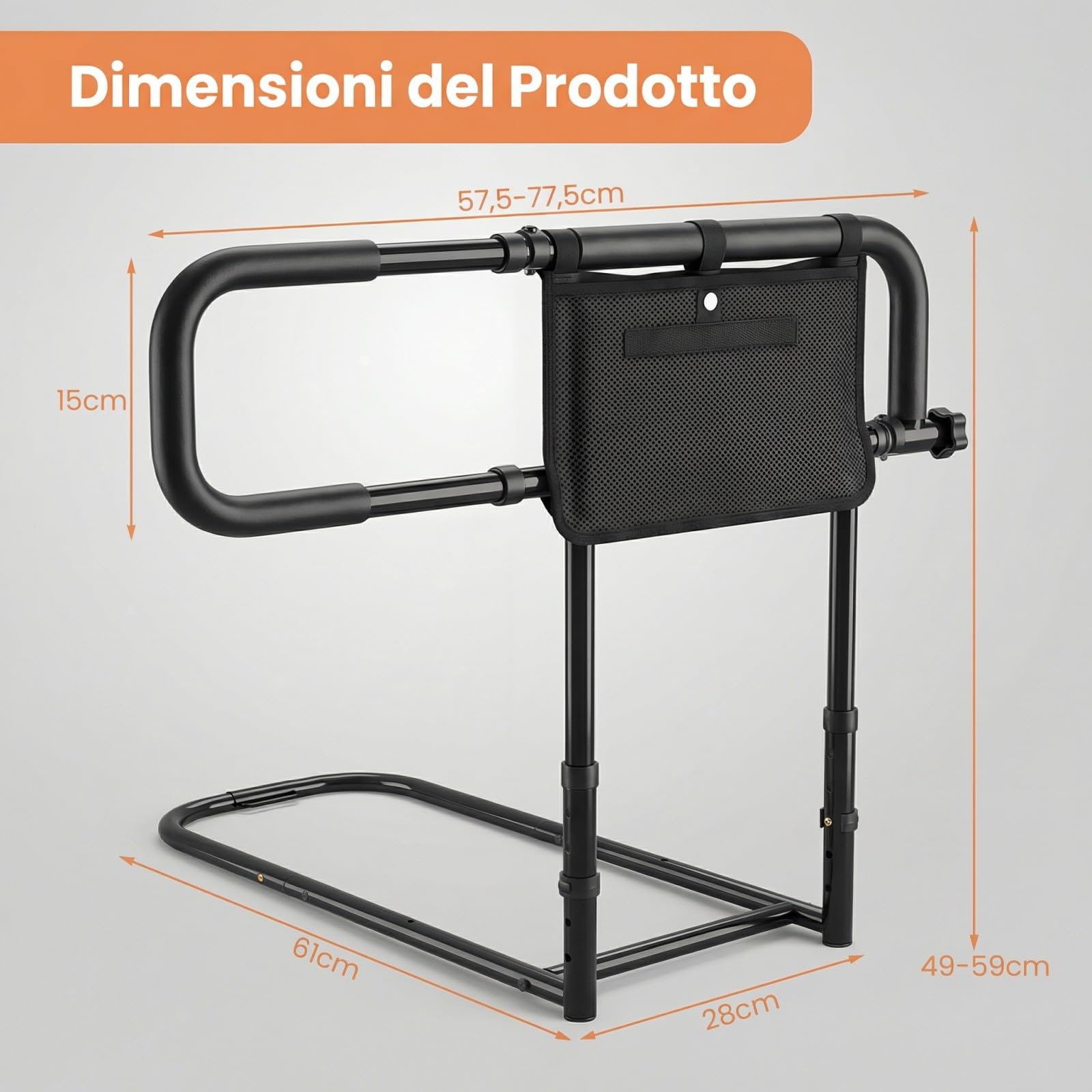 COSTWAY Sponda Letto Anziani Regolabile e Pieghevole, Altezza/Larghezza Aggiustabile, Tasca Rimovibile, Maniglie Imbottite e Base a U, Adatto a Letti King/Queen, Supporto fino a 136 kg (Nero)