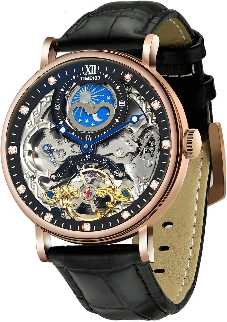 TIME100 Men's Automatic Watch Self Winding Mechanical Watch Genuine Leather Strap Skeleton Watches for Men