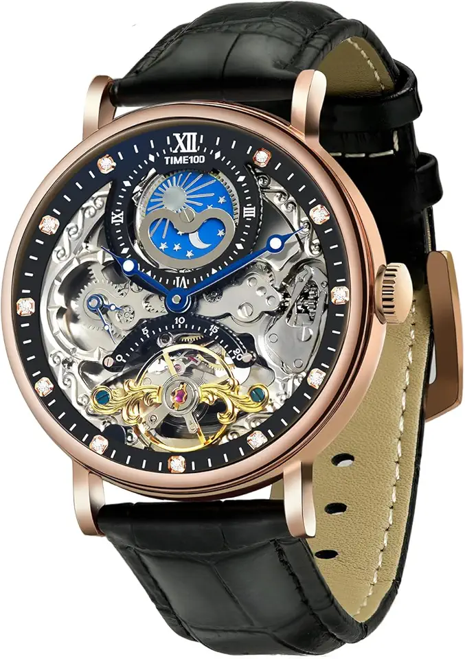 Relógio Mecânico Automático Masculino, Resistente à Água 30m, Corda Automática, Pulseira Couro Legítimo