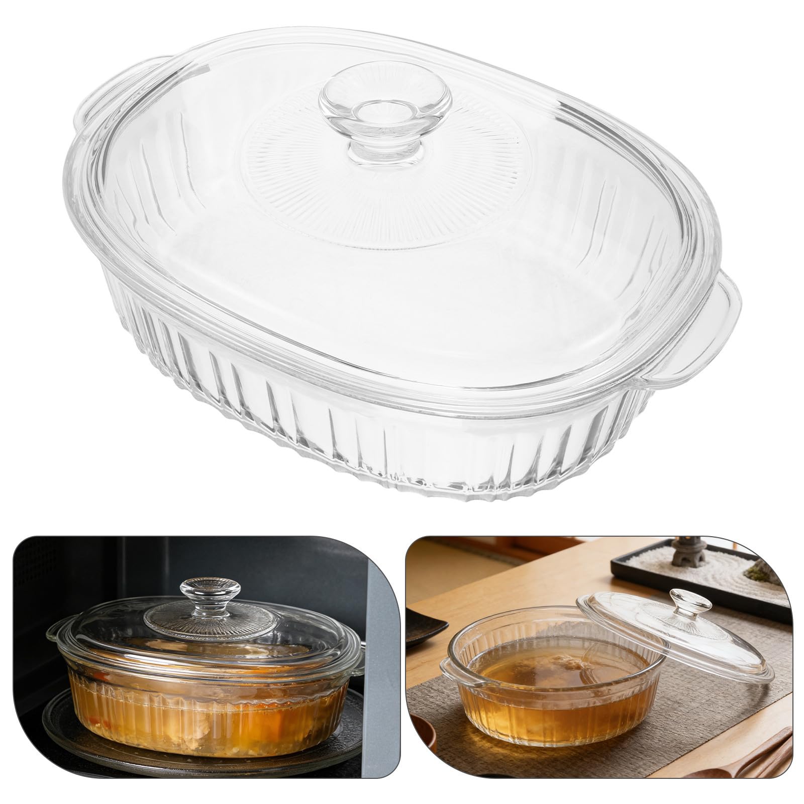 KICHOUSE Ciotola in Vetro Resistente al Calore con Coperchio, Forma Ovale, Capacità 1.9qt e 9qt, Adatta per Forno e Microonde in Cucina Domestica