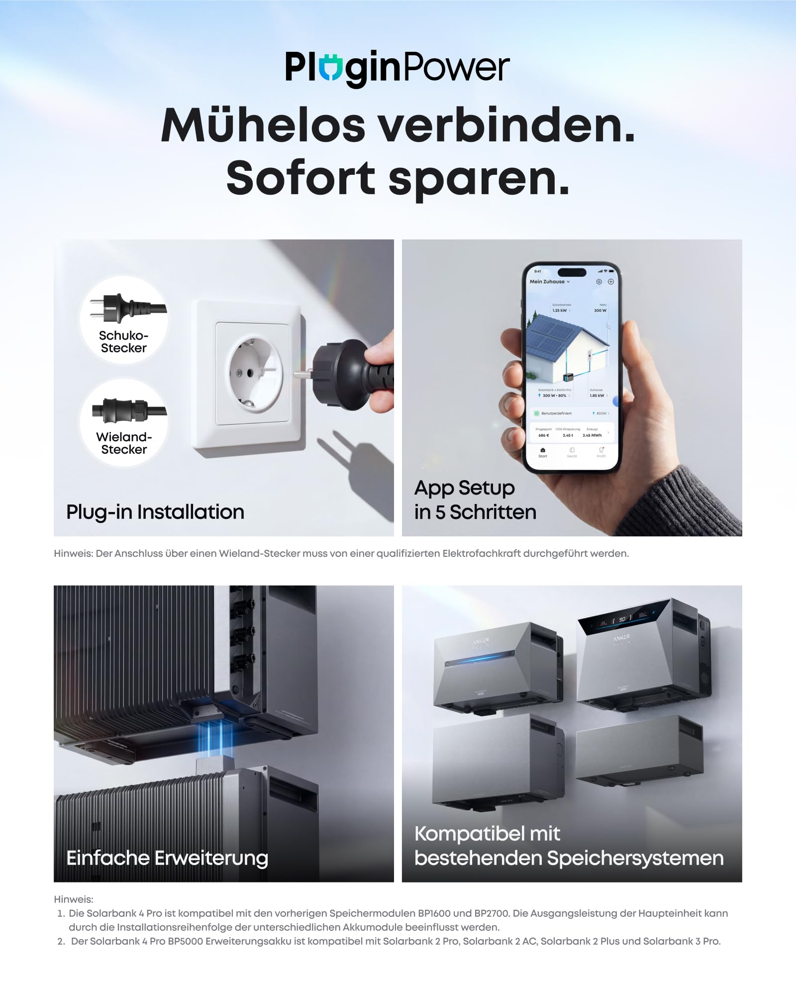 Anker SOLIX Solarbank 4 Pro (5kWh), 4× 500W Solarpanels, 4 MPPTs, bis zu 30kWh Kapazität, bidirektionales Laden, 10000 Zyklen, Anker Intelligence, Plug&Play, IP66 Schutzklasse