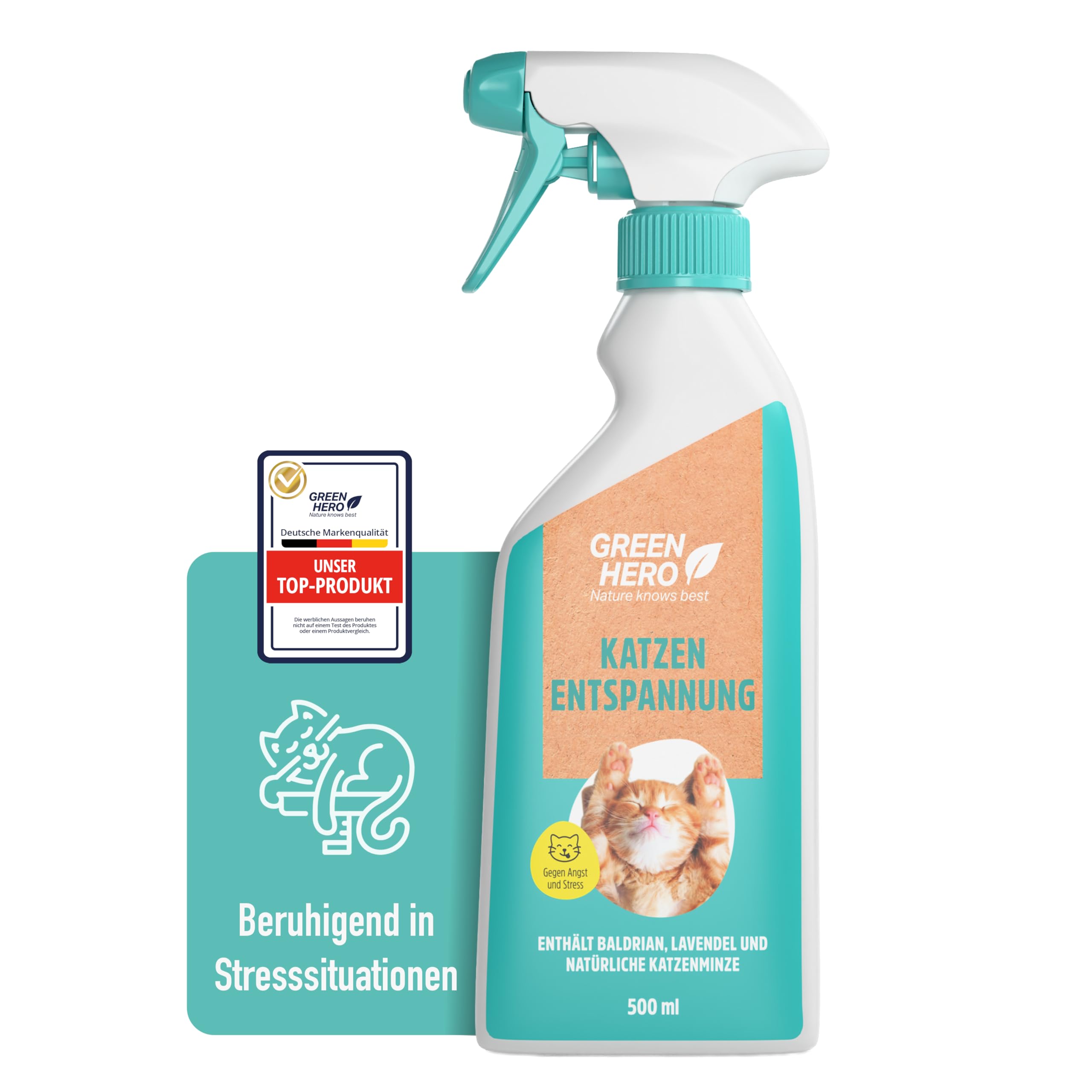 Green Hero Entspannungsspray 500 ml für Katzen enthält beruhigende Duftstoffe wie Baldrian, Lavendel und natürliche Katzenminze für Wohlbefinden und Entspannung