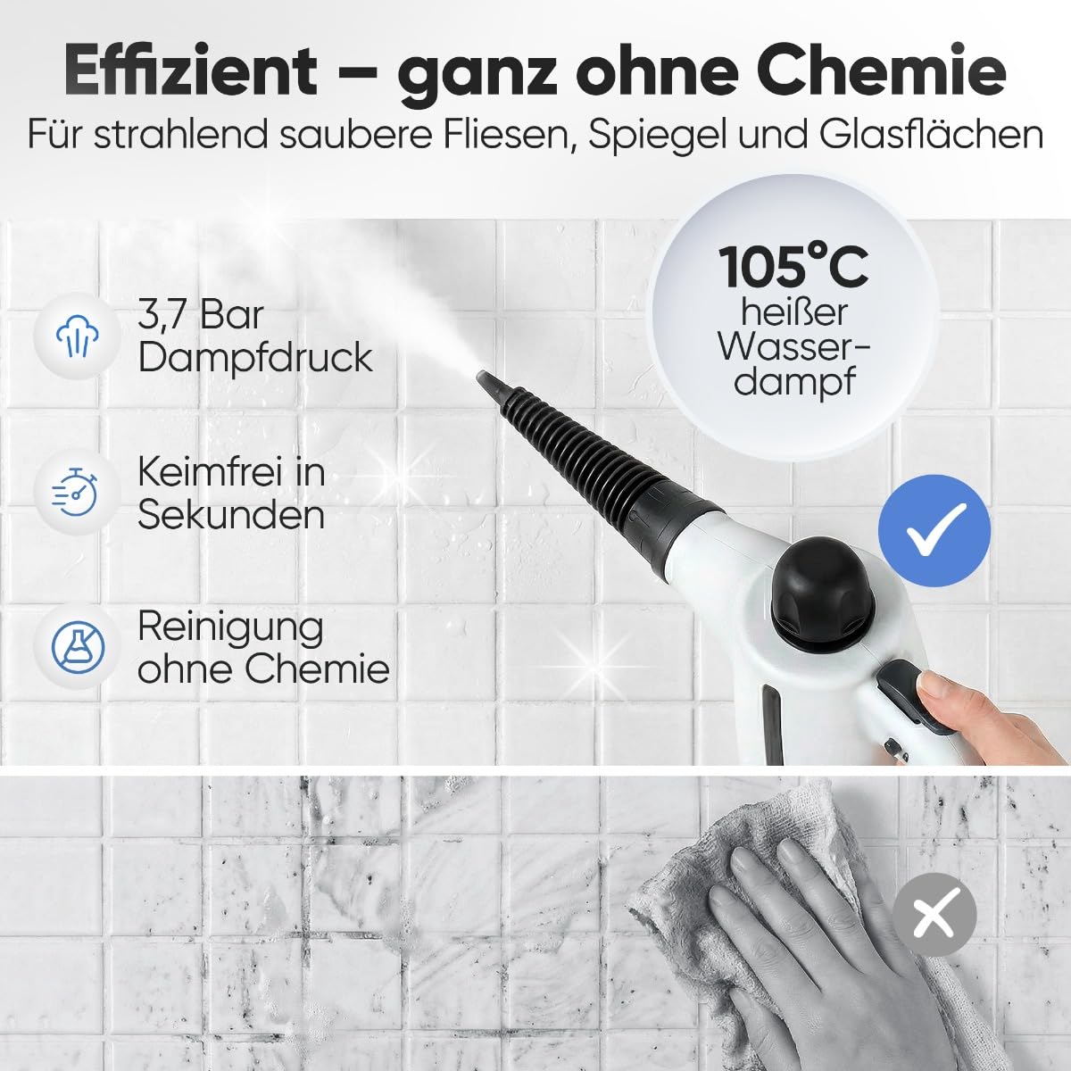 ProfiCare® Dampfreiniger Handgerät | 3,7 bar | säubert entfettet desinfiziert | 105°C | Auto, Küche, Bad, Polster | 1050W | mit 5m Kabel & Zubehör | Steam Cleaner | Handdampfreiniger | PC DR 3145