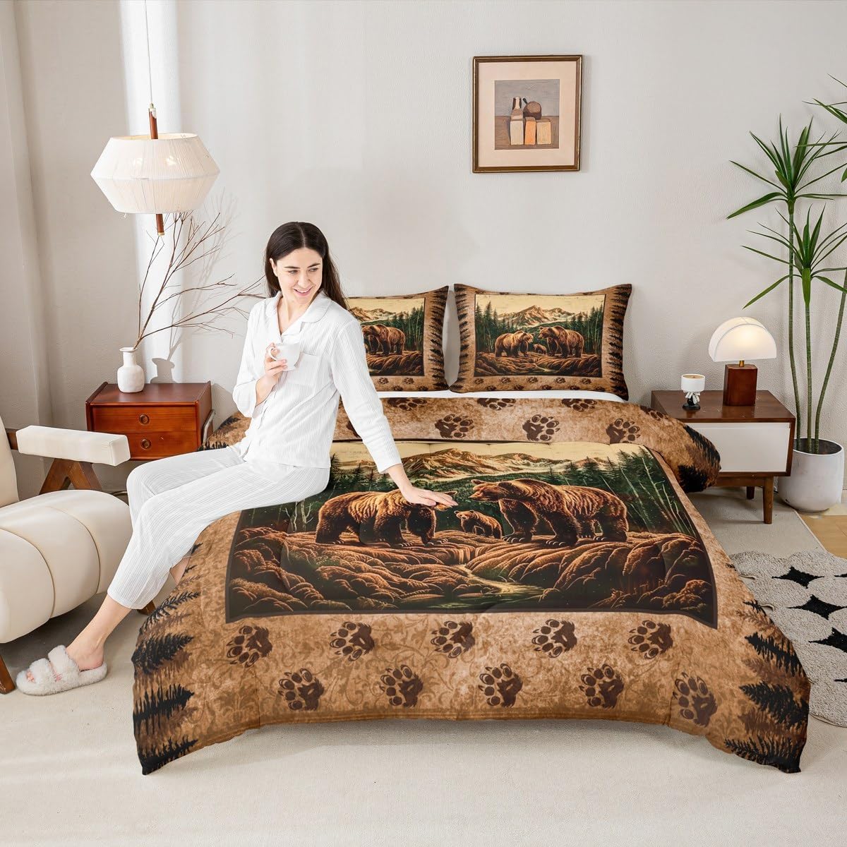 Erosebridal Rustic Cabin Comforter Set Queen Size Grizzly Bear Print Bedding - Rustic Farmhouse Bedding Comforter Sets - For Boys Teen Men,Hunting Wildlife Pattern Quilt Animal Theme Lodge Decor 3 Pcs