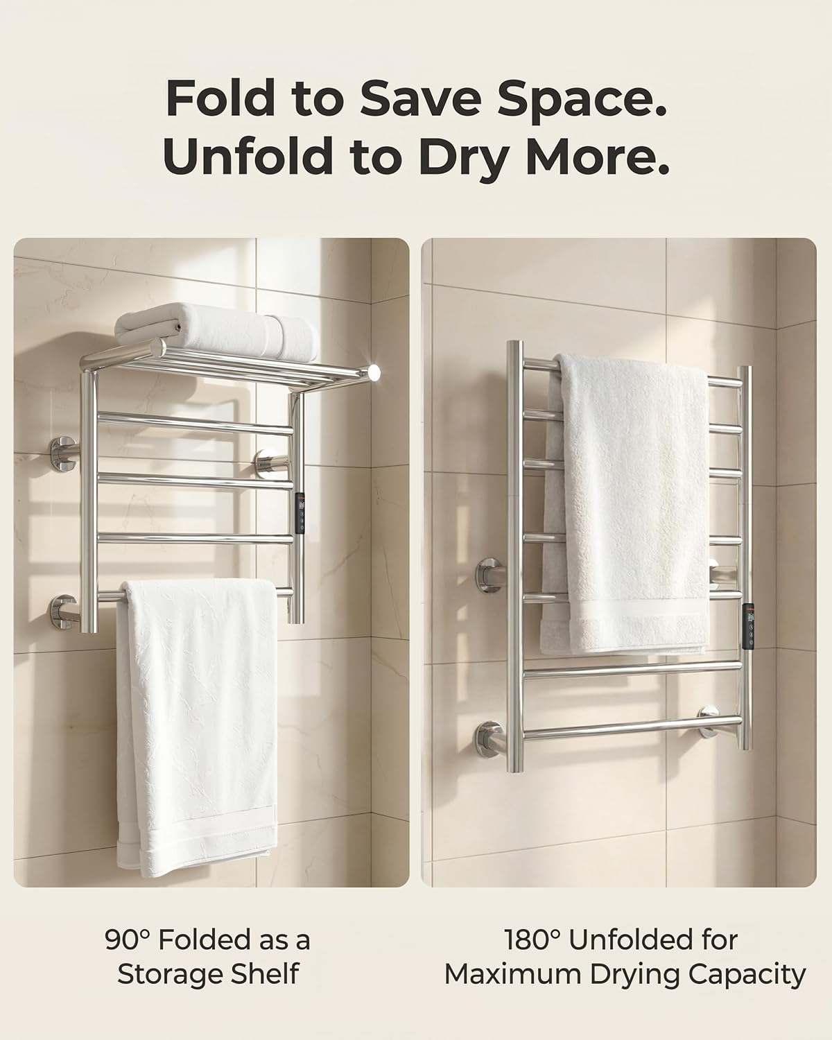 Heated Towel Rack Foldable Smart Dual-Zone APP No-Drill Chrome CA3 image 5