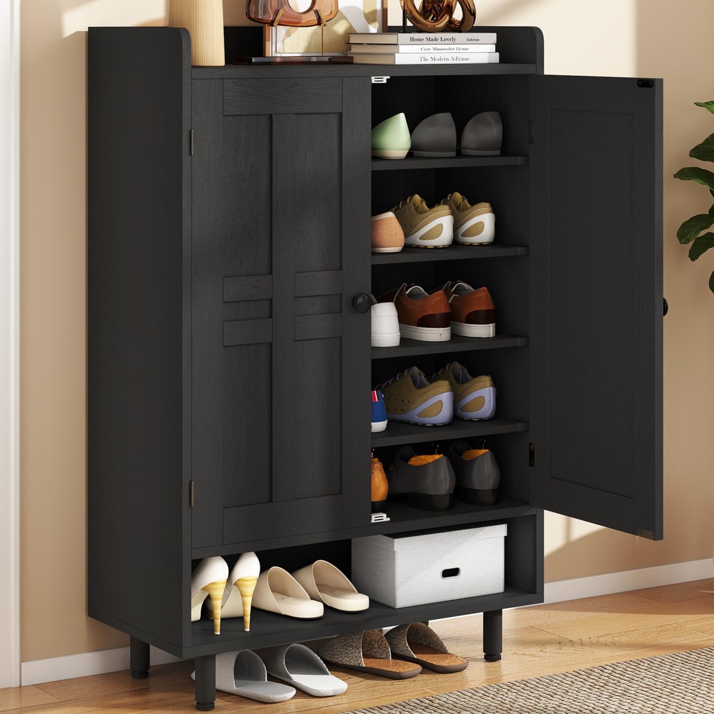 Hawthyhome Black Wooden Shoe Cabinet with 2 Doors, 7+1 Tier Versatile Storage Unit with 3 Adjustable Shelves, Family Farmhouse Style, Entryway Cupboard-Hallway, Bedroom, Living Room, 75x35x115cm