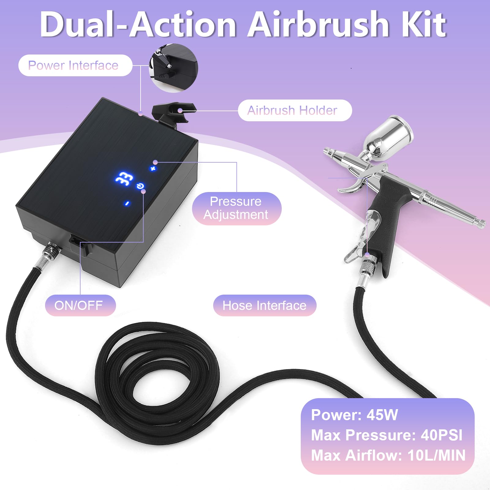Kit aérographe 45PSI avec compresseur d'air, kit aérographe portable avec 10 peintures aérographe et 3 buses à dégagement rapide, kit d'aérographe à double action pour nail art, peinture
