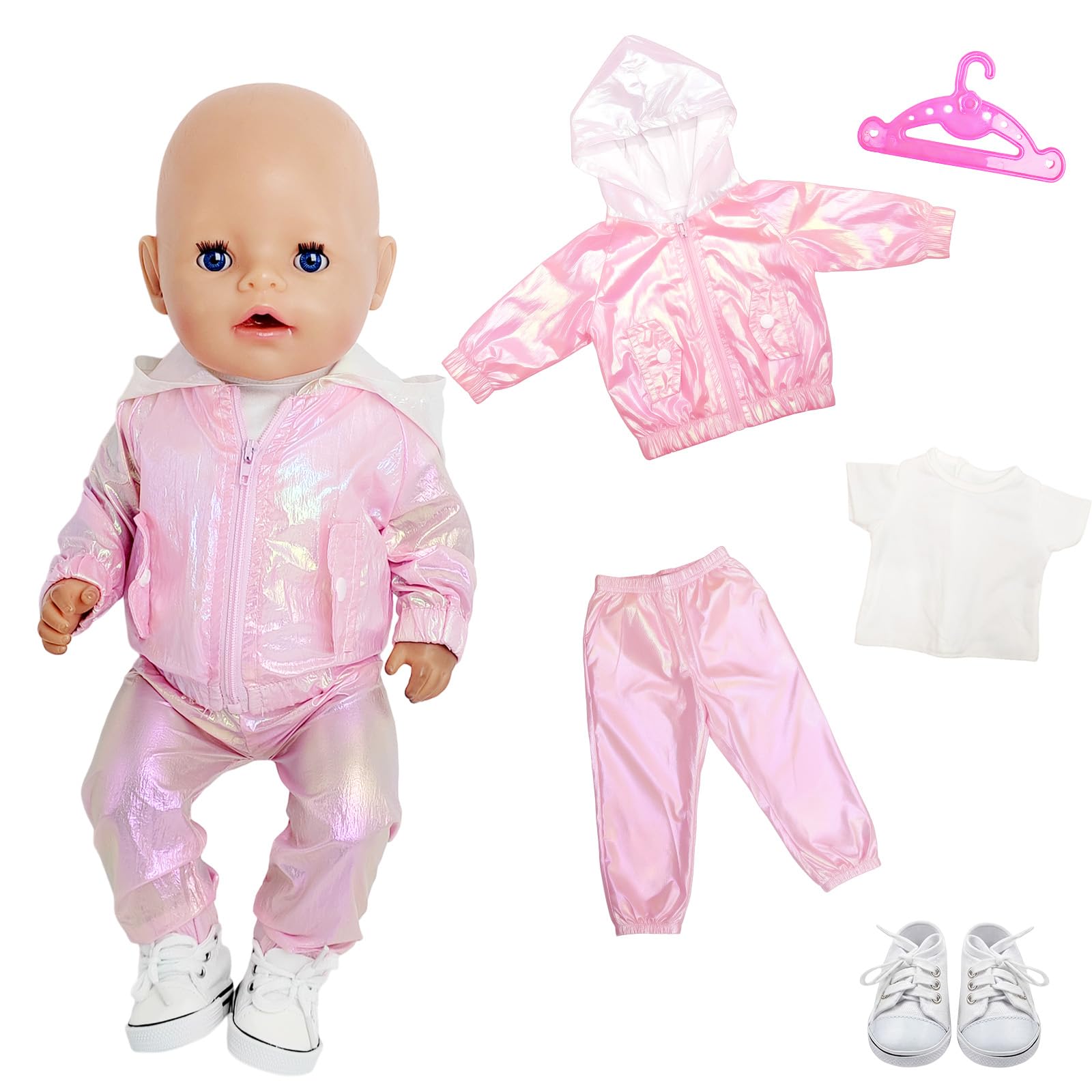 5 Pcs Baby Doll Clothes for 14-17 Inch Doll with Pink Sunscreen Sports Set, White Short-Sleeved Shirt, Canvas Shoes, Pink Hanger, Sweet Doll Clothes for 35-43cm Dolls, Gift for Girl (Not Include Doll)