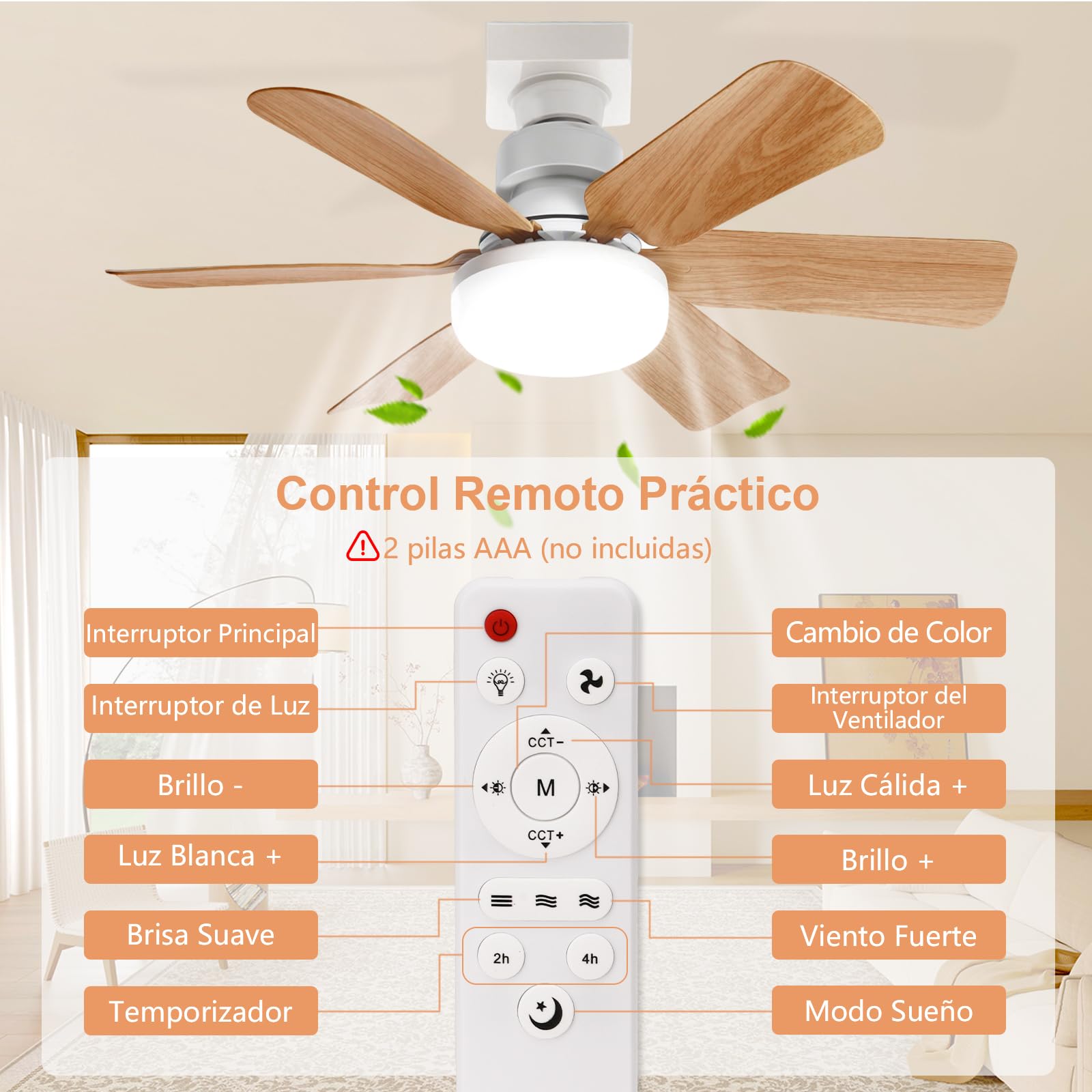 Ventilador de Techo con Luz y Mando a Distancia,51CM,Vetas de Madera,Regulación Continua de Luz, 3 Velocidades, Temperatura de Color Regulable Continua,Para Dormitorio, Balcón, Pasillo y Salón