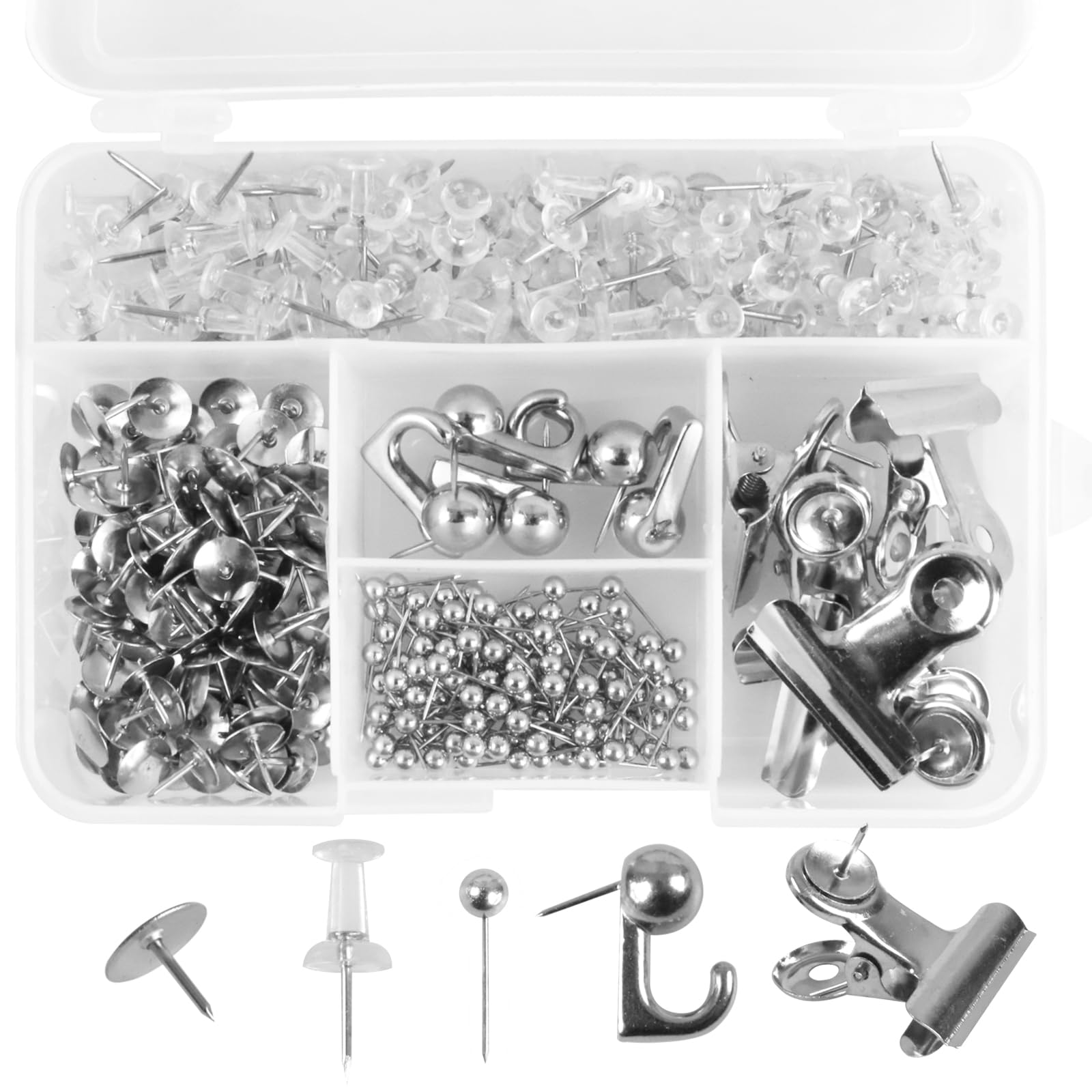Push Pins Set, 310 Pcs Thumb Tacks Map Pins, Tacks, 5 Types Pushpins Thumbtacks for Cork Board Bulletin Boards Office Accessories (Silver)