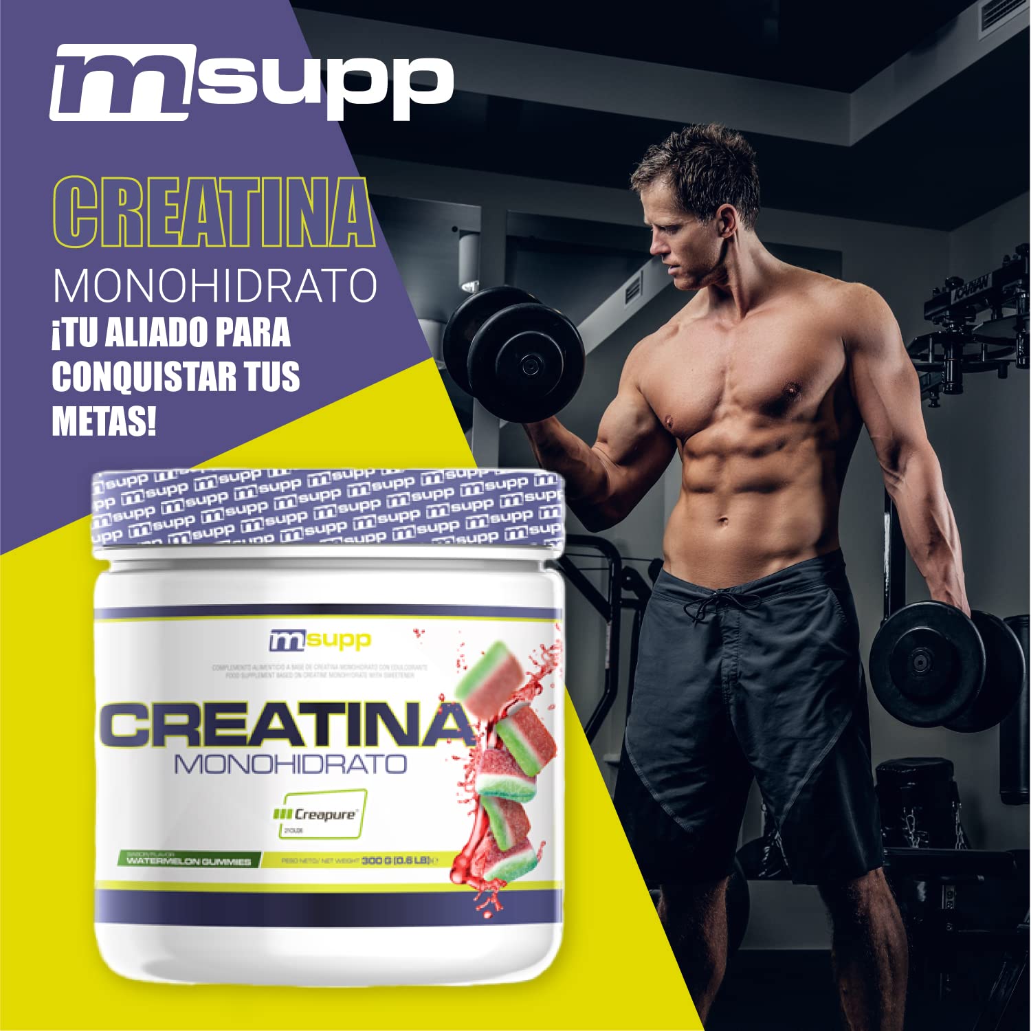 MASmusculo - Creatina Monohidrato Creapure® - en Polvo - Sin Azúcar - 300 g - Bote 3 Meses - Recuperador Muscular - Aumenta Masa Muscular - Sabor Chuches de Sandía - 4