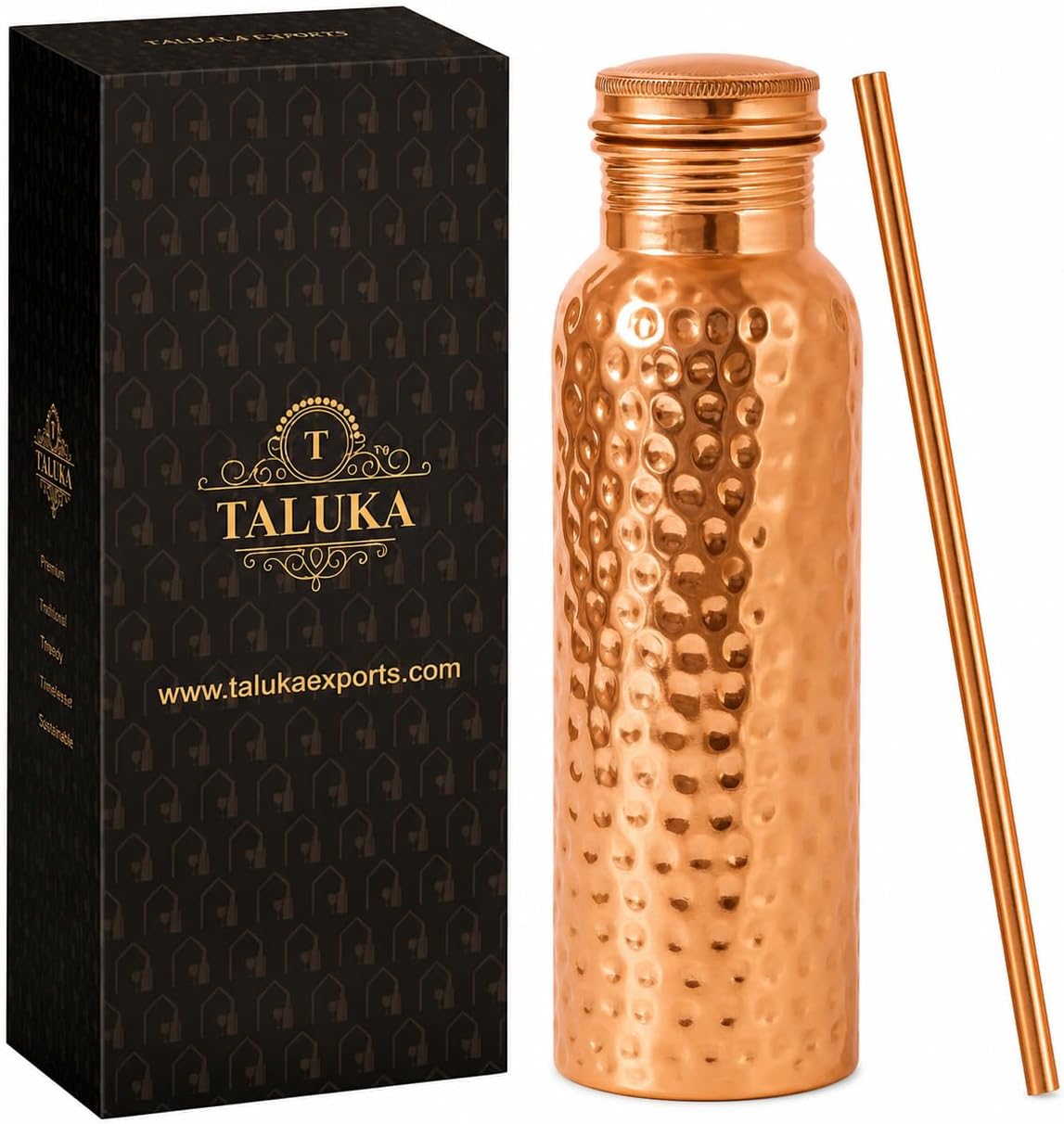 Taluka 34 OZ/1000 ML Pure Copper Hammered Water Bottle With Copper Straw Leak Proof Design Vessel For Drinking Ayurveda Health Benefits Pitcher For Sport Fitness Yoga