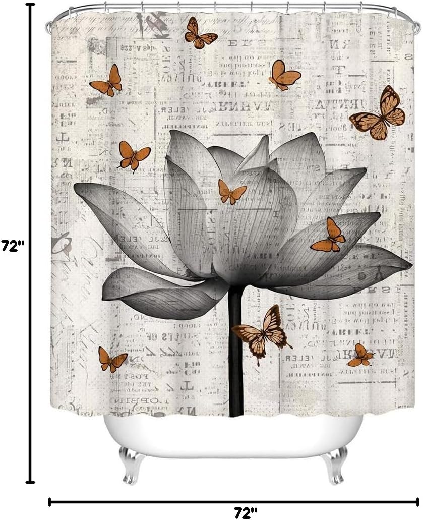 RnnJoile Lotus Shower Curtain Set Cloth Grey Flower and Butterfly Bath Curtain Zen Floral Bathroom Decor with Hooks 72"×72" Retro Newspaper Background