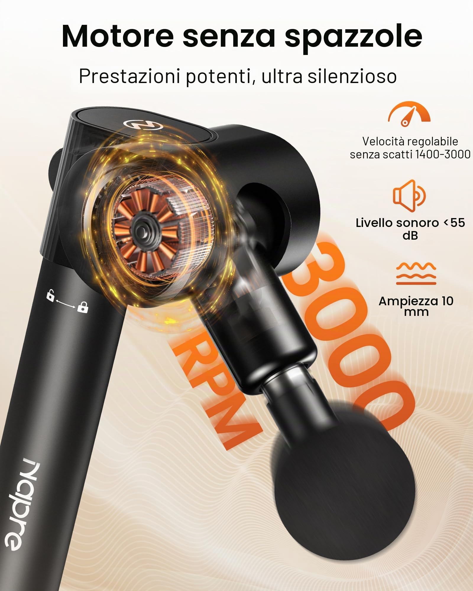 Pistola Massaggio Pieghevole NAPRE: Manico Estensibile & 5 Angoli, Massaggio Schiena/Tessuti Profondi per Dolori, Percussione, 32 Velocità, 6 Testine Silenziosa con Custodia