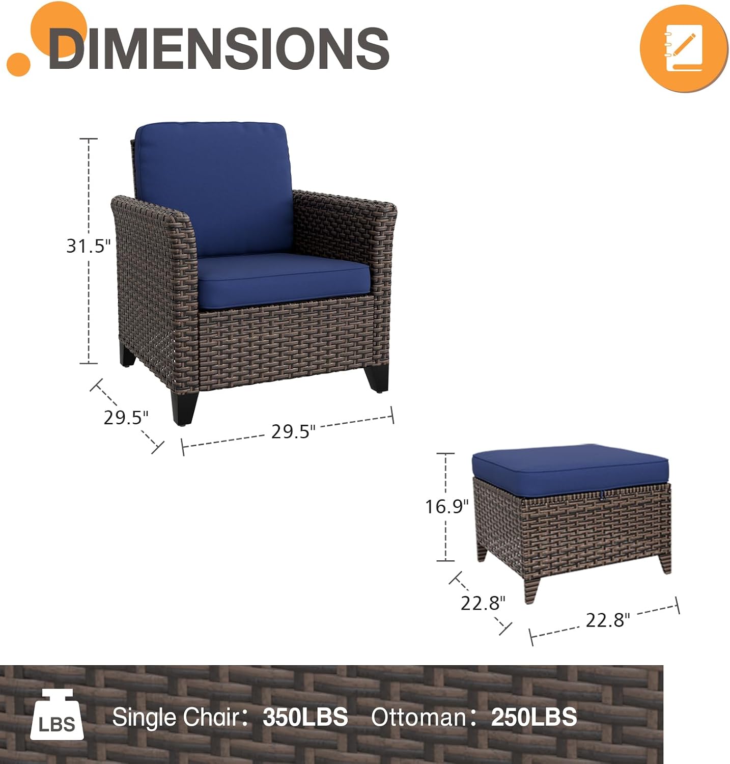 COOS BAY Harbor Retreat 4 Piece Outdoor Furniture Set, Patio Conversation Set with Patio Chairs and Ottomans, Wicker Furniture, Brown/Blue