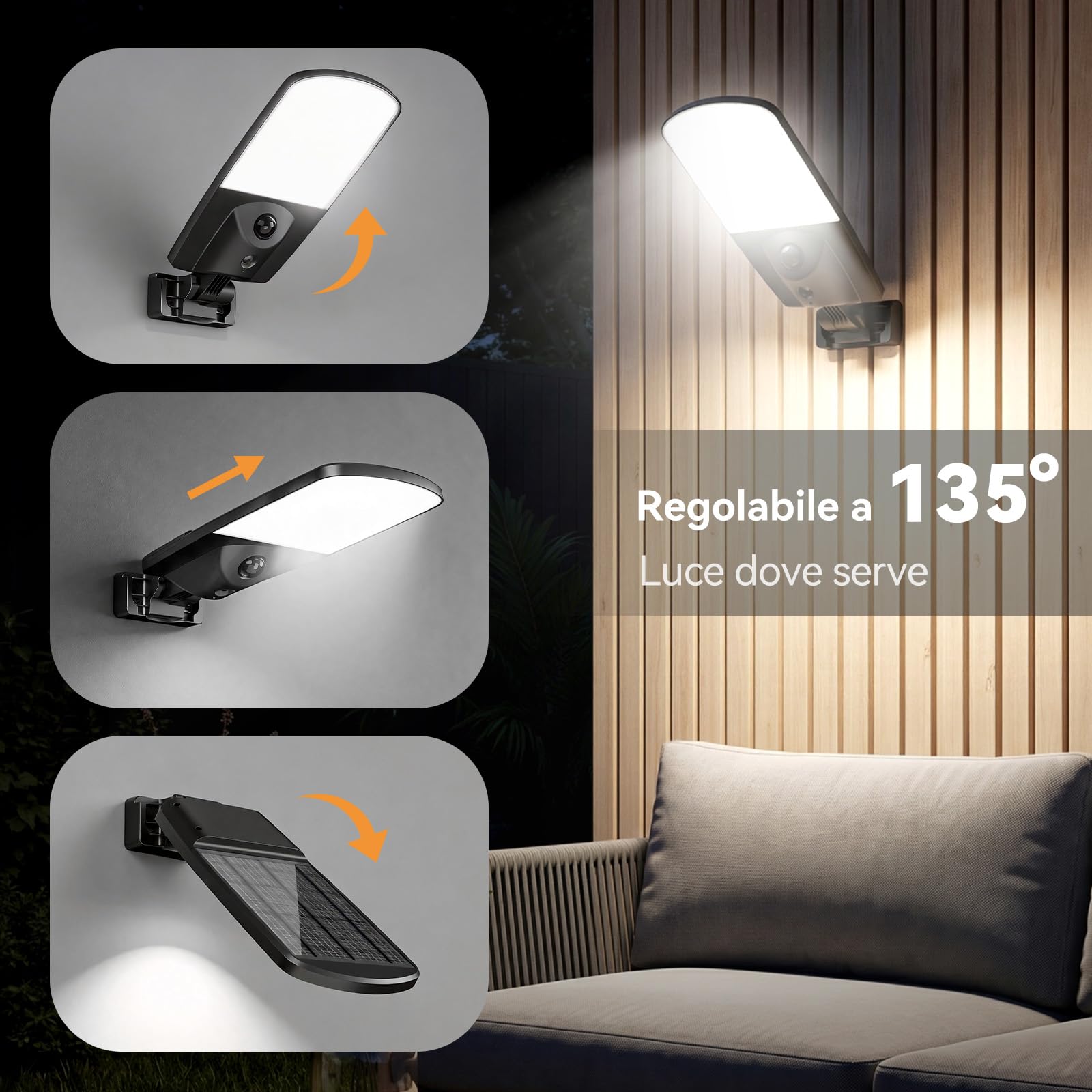 Adewalk 2026 Pannello Ultra Sottile Lampione Solare LED Esterno senza Telecomando, 3000LM, Sensore Radar 12m, IP67 Impermeabile, 135° Regolabile, Lampada Stradale Solare per Giardino Garage Strada