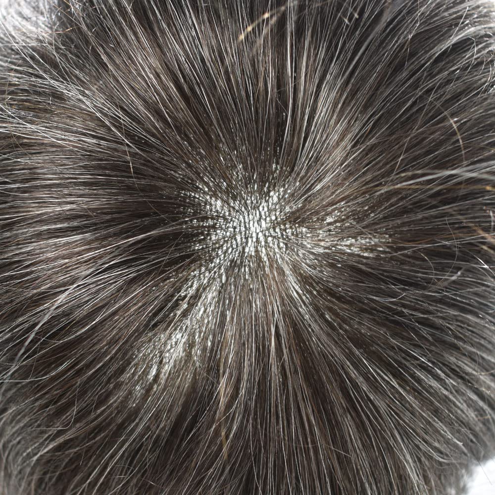 Toupee for Men Hair Replacement System European Human Hair Full Poly Mens Unit Wig Durable PU 0.1-0.12mm Hair Piece Mens Toupee Hair Unit (8"X10, 320# 3# Dark Brown With 20% Synthetic Grey-100% Light to Medium Density)