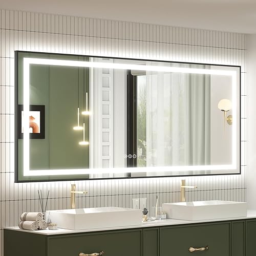 Miniatura 40 de OKPAL 50x30 Espejo de baño LED con marco negro, espejo iluminado para tocador de baño, iluminación frontal y trasera, regulable, antivaho, 3 Negro