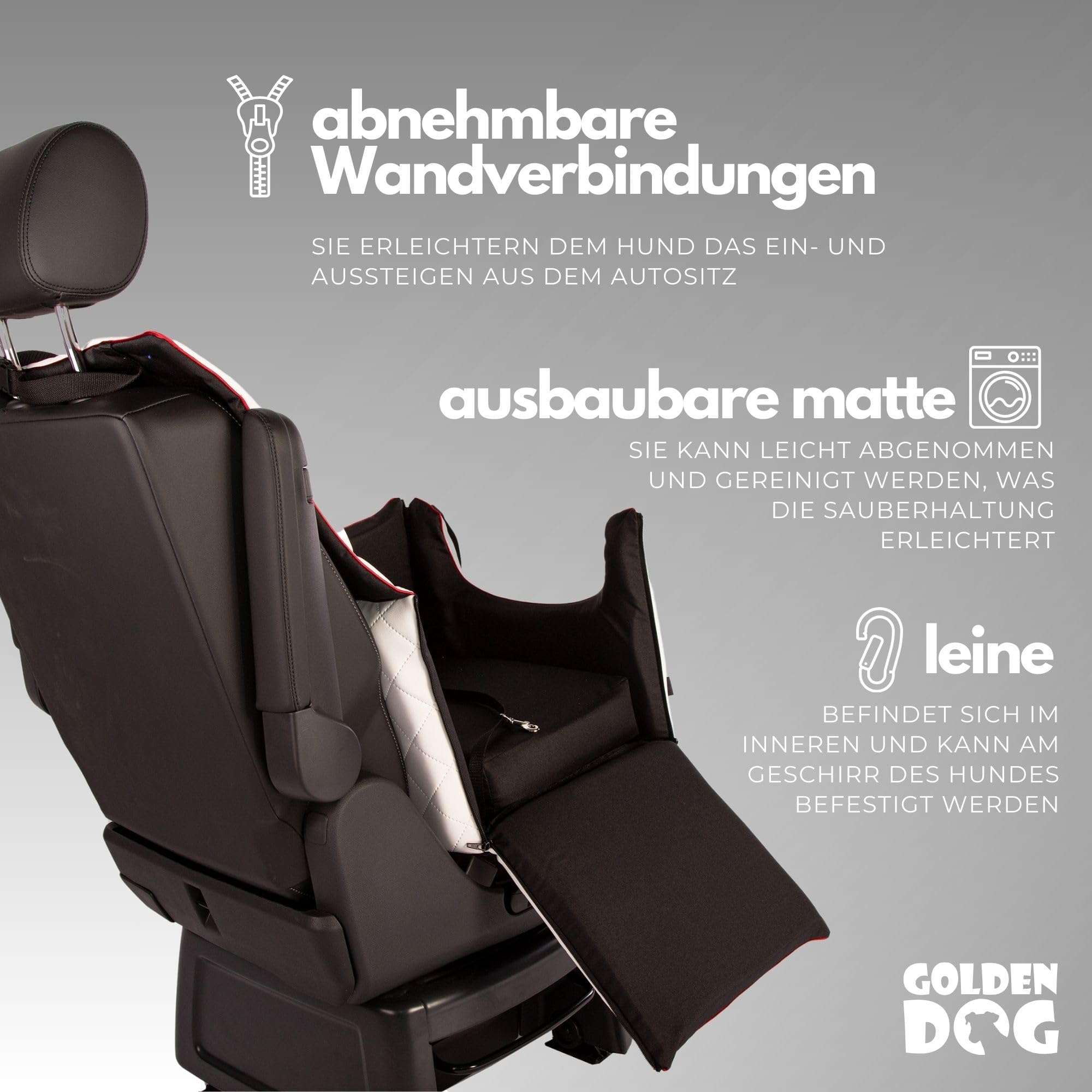 Golden Dog - Transportín para perro con cinturón de seguridad L-65 x 53 x 27 cm - Piel imitación asiento de coche para perro, resistente al agua - Asiento de pasajero para perros plegable - Cinturón