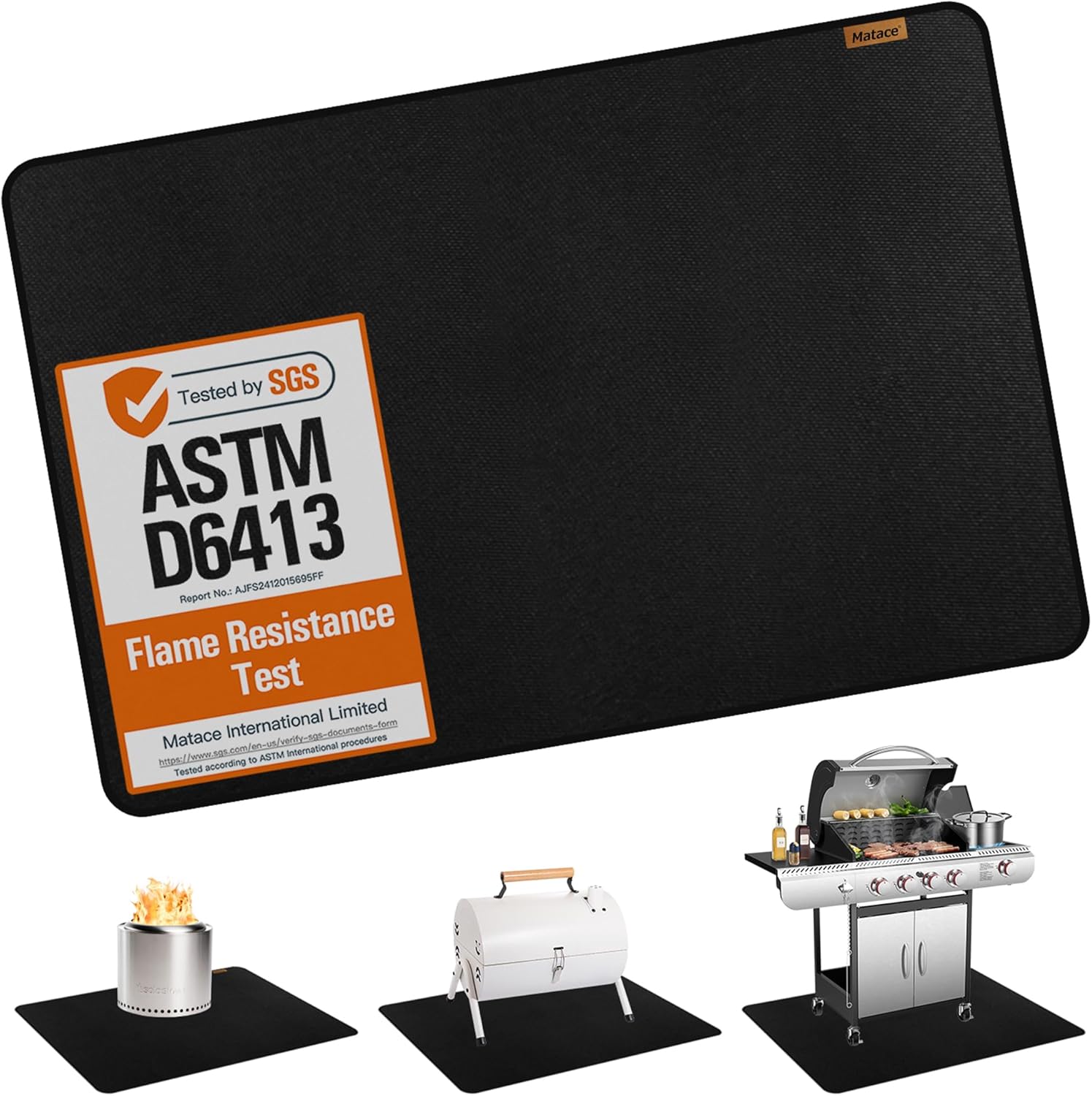 Matace 76x52 Fireproof Grease Mats for Under Outdoor Grill, Extra Large Double-Sided Fire Retardant Silicone Floor Mat for BBQ, Camping Stove, Fire Pit, Waterproof Patio & Deck Protector, Black 76x52 Inch