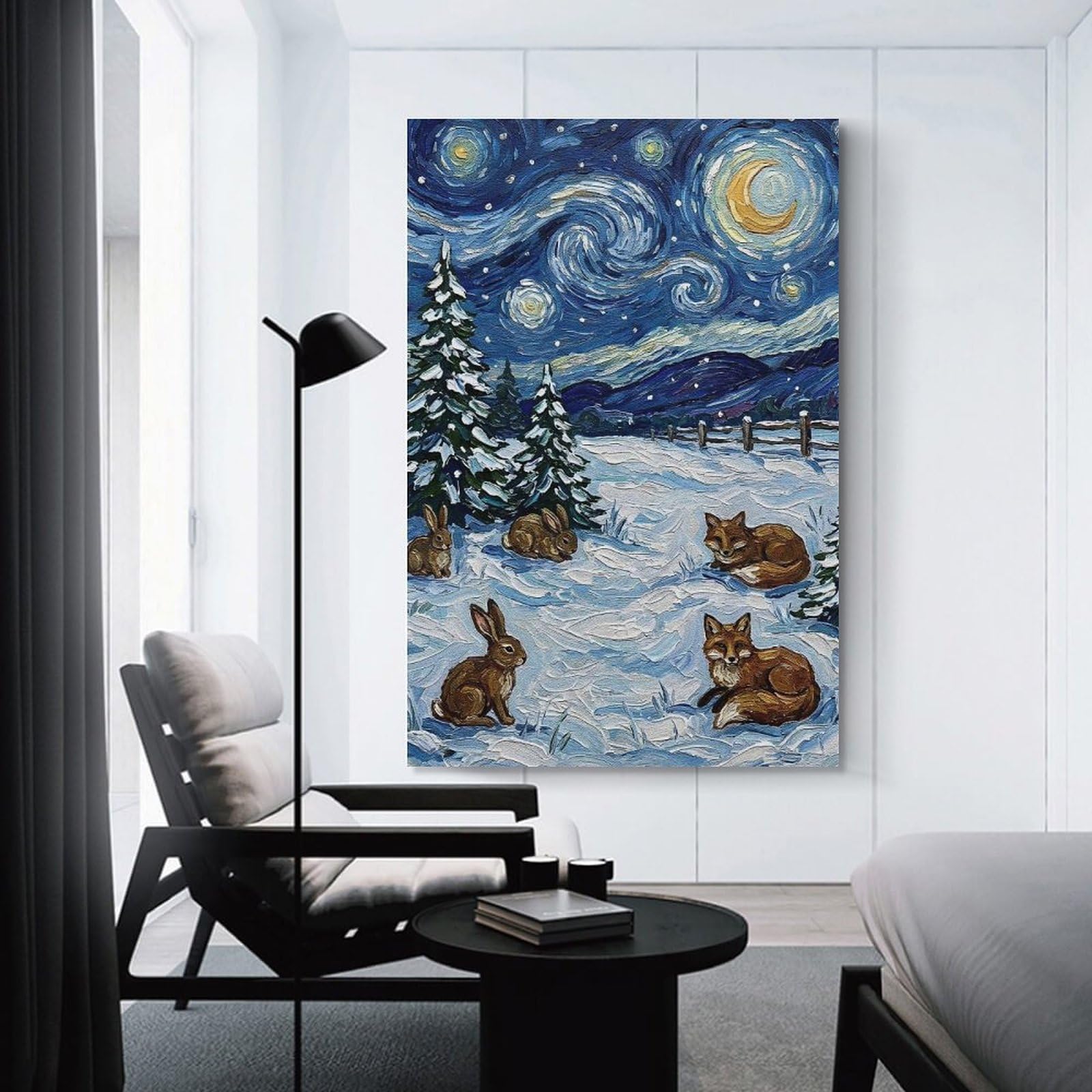 Junmoney Home Decor Wall Art Winter Night Scene with Animals, 24x36inch(60x90cm), for Flats, Guest Rooms Or Compact Rooms, Wall Decor with Flexible Room Appeal