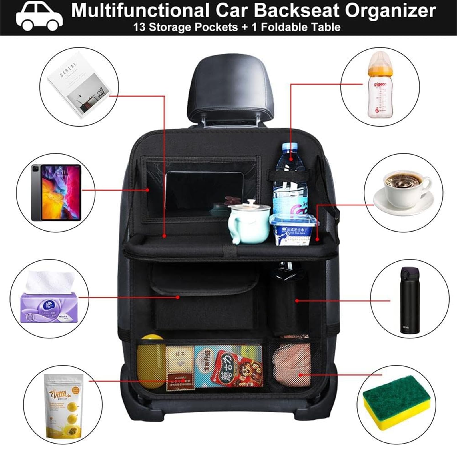 Organisateur Voiture Enfant avec Plateau Pliable, Protection Siège Arrière avec Écran Tactile, Sac Rangement Auto Imperméable en Oxford, Multi-Poches, Accessoire Intérieur