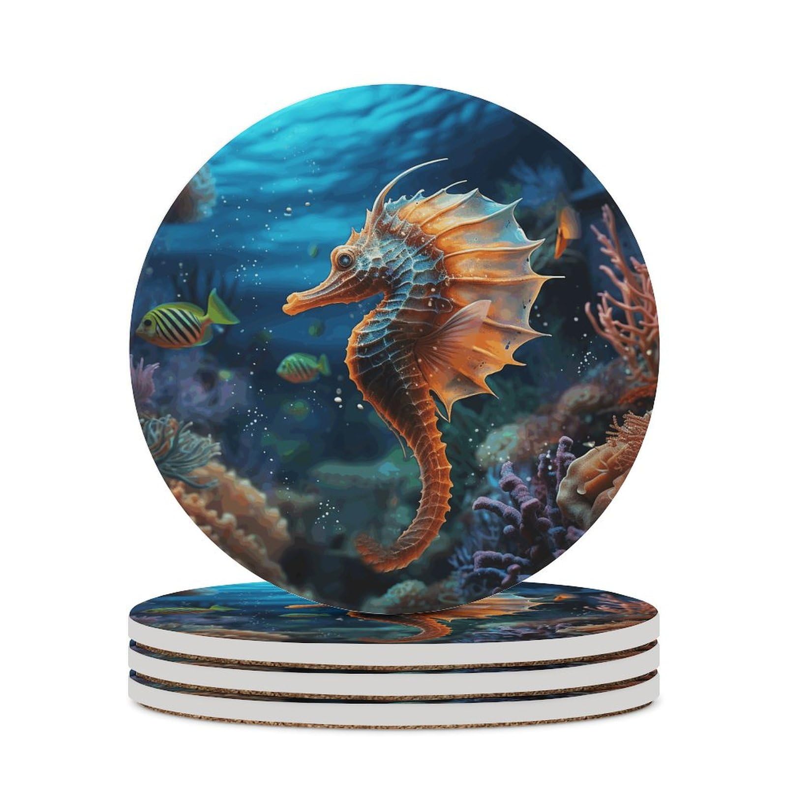 Dessous de verre rond imprimé hippocampe anti-taches pour votre décoration de bureau