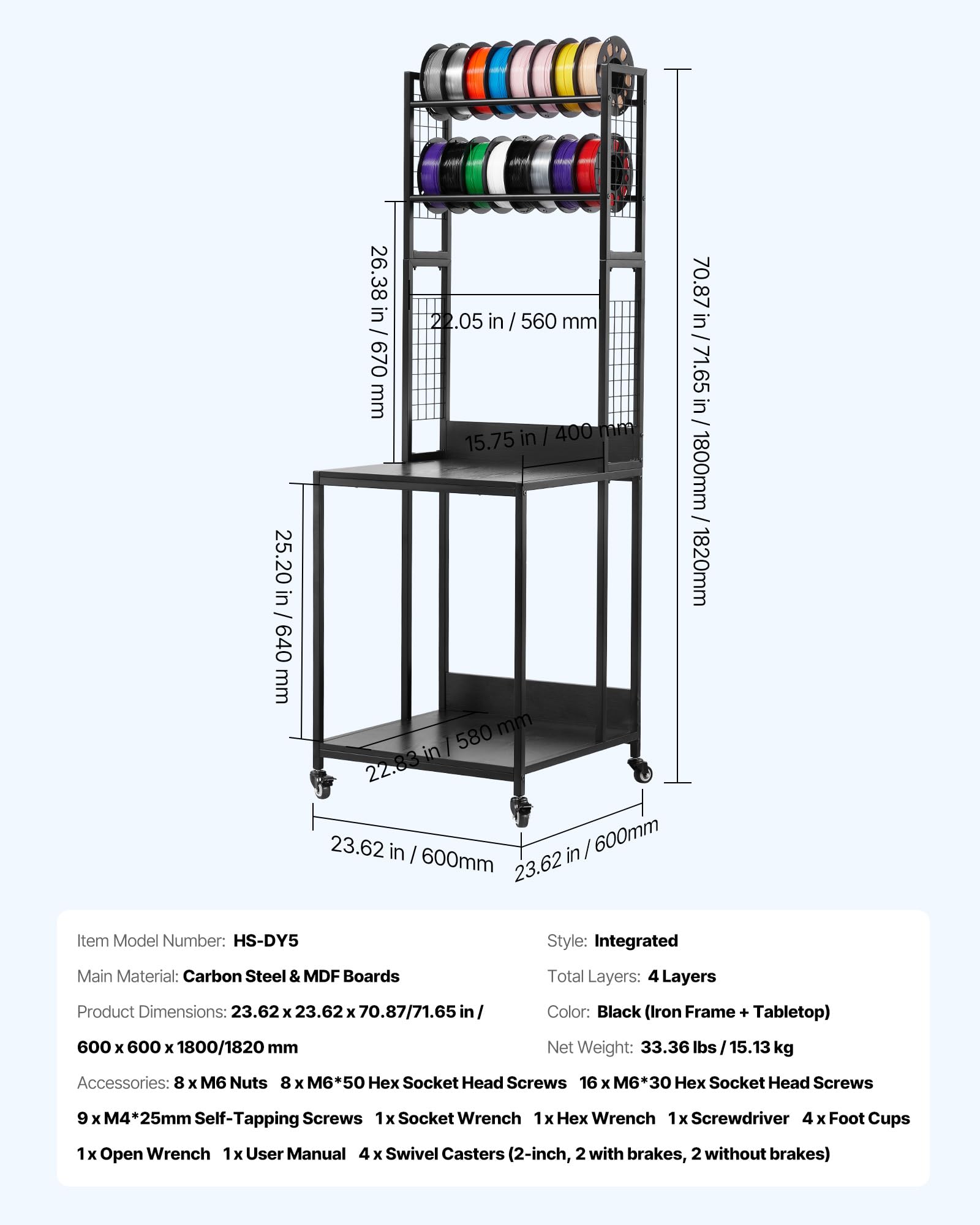 VEVOR Stojak na filamenty 3D 600 x 600 x 1800/1820 mm, 4-poziomowy regał do drukarki 3D z pojemnikiem na filament i koła, do biura i warsztatu, czarny