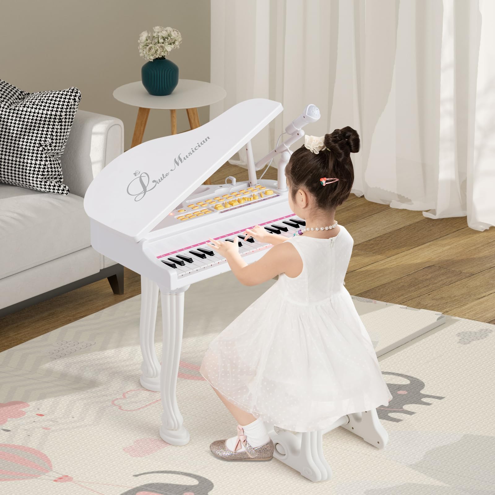 GOPLUS Piano Infantil de 31 Teclas, Piano Electrónico para Niños con Taburete, Micrófono y 3 Modos de Aprendizaje, Juguete Musical, Niños (Blanco)