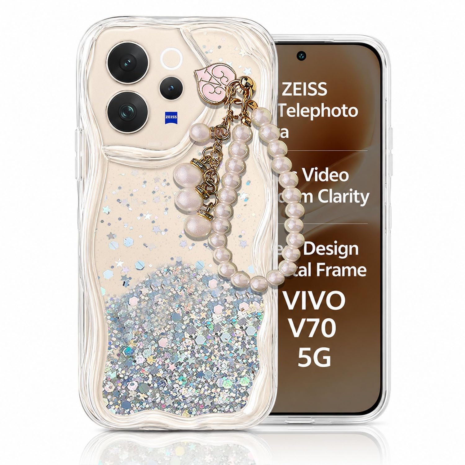 KC Back Cover for Vivo V70 5G / V70 Elite 5G - Curly Wave Dry Fixed Glitter Shiny Pearl Wrist Hanging Chain Soft Silicone Camera Protection Case (Transparent)