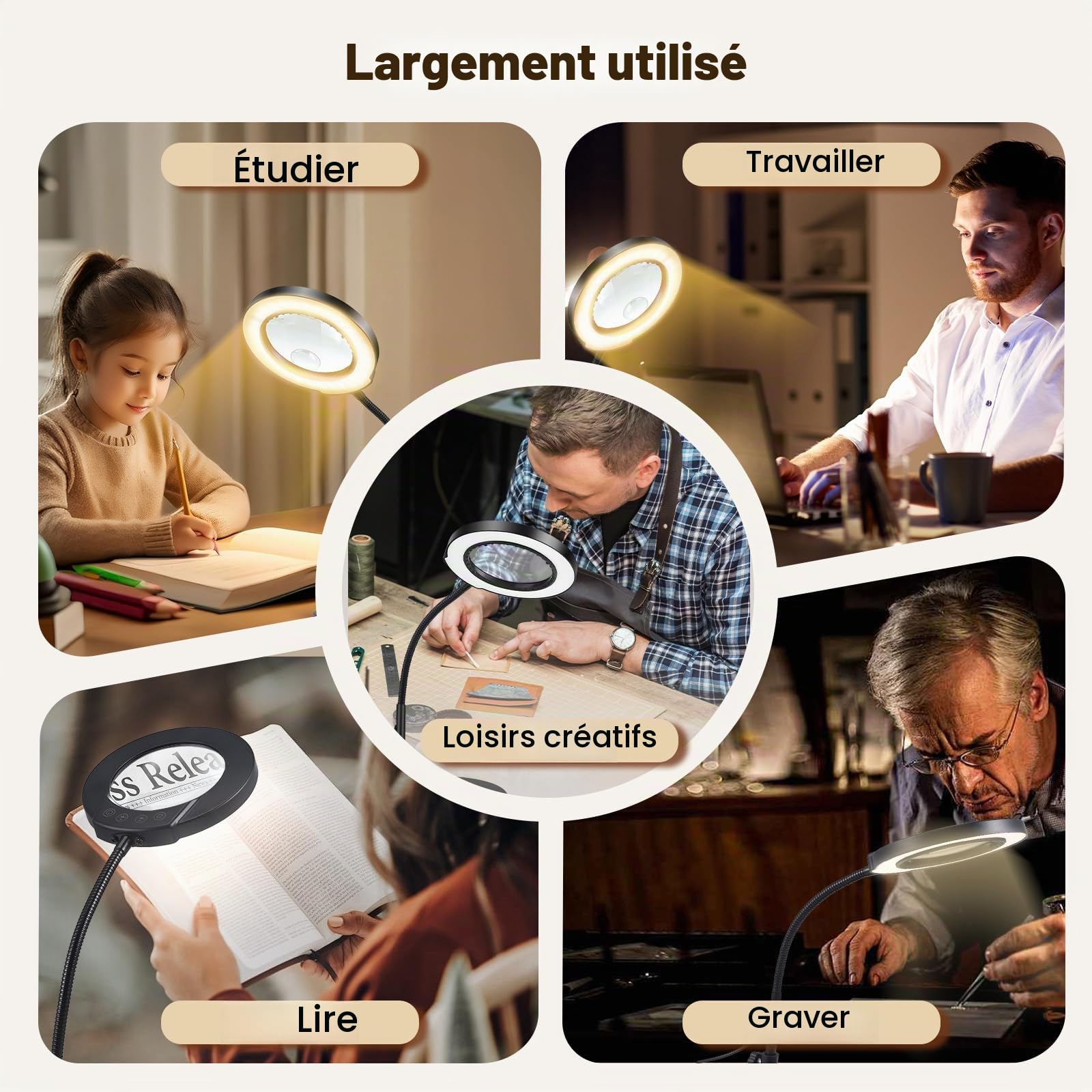 Lampe Loupe sur Pied 10x Grossissante Modelisme 360° LED 5 Couleurs Dimmable - Bureau Eclairante pour Lecture, Réparation et Artisanat