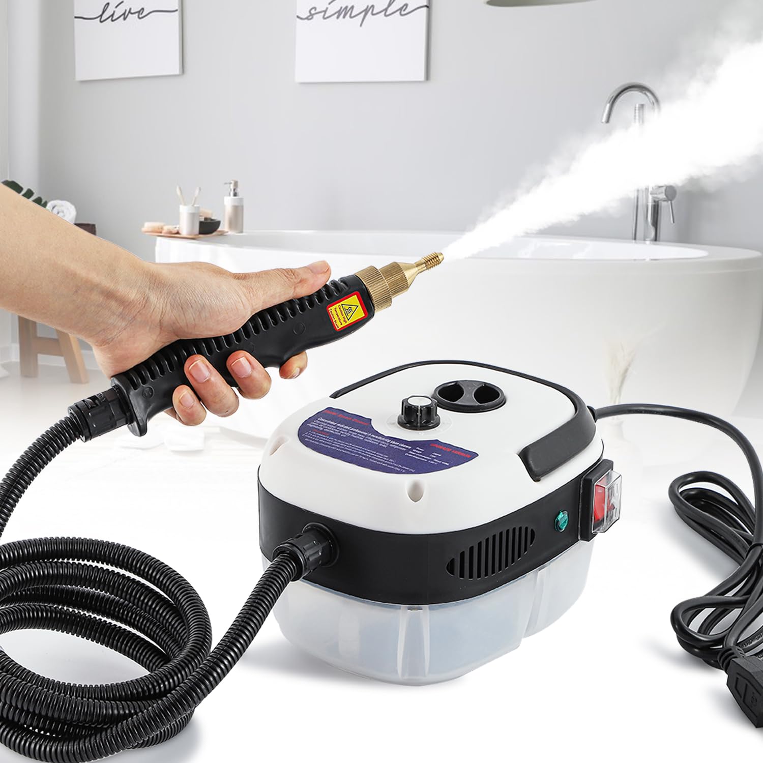 Moongiantgo Pulitore a Vapore Portatile, 2500W Macchina per la Pulizia ad Alta Temperatura ad Alta Pressione con 1L Grande Serbatoio D'acqua&3 Tipi di Testine per Casa,Cucina,Bagno,Auto (220V, Bianco)