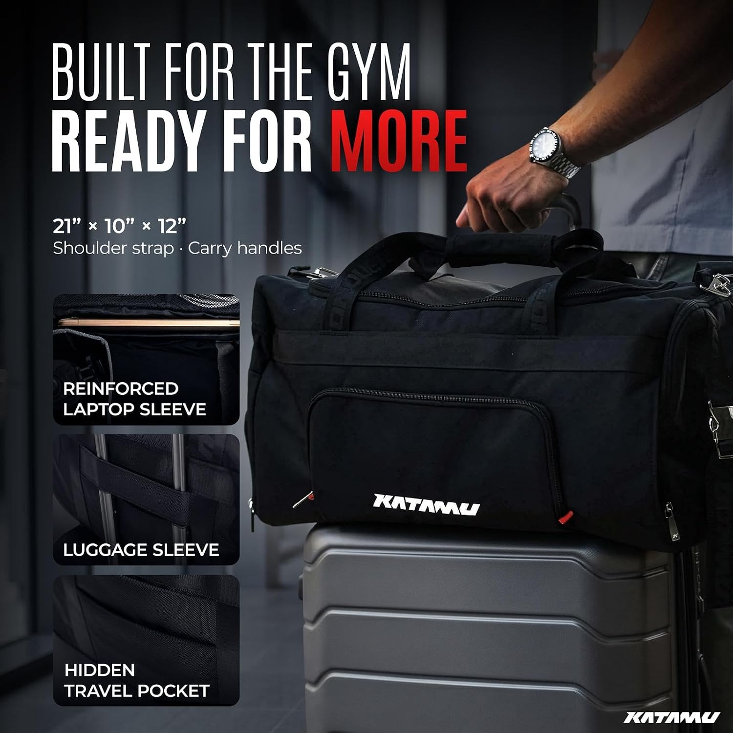 Katamu Gym Duffle Bag for Men & Women – Waterproof Sports Travel Bag with Shoe Compartment, Laptop Sleeve, Wet Pocket & Luggage Strap – Heavy Duty Gym Bag for Workouts