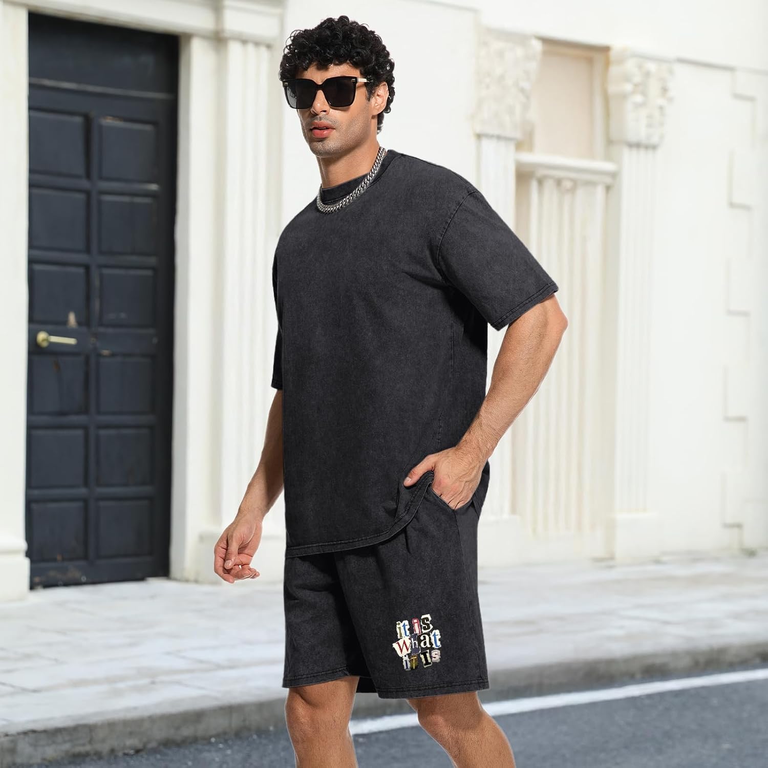 Men's 2 Piece Short Sets Vintage Graphic Letter Print Washed Short Sleeve T Shirts and Drawstring Shorts Set - Image 4