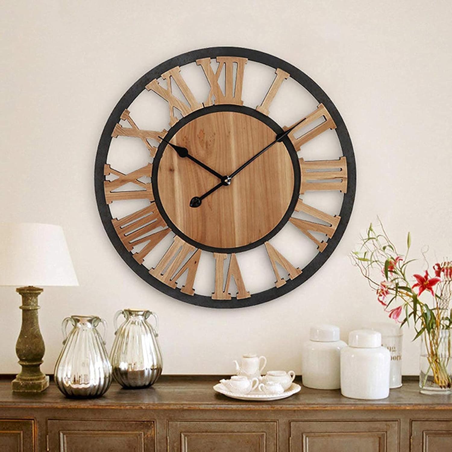 Outdoor Wall Clock， 24In Silent Large Simple Modern Wall Clock Round Garden Clock Vintage Wooden Outdoor Clock Decoration Quartz Wall Clock (Arabic Numerals)