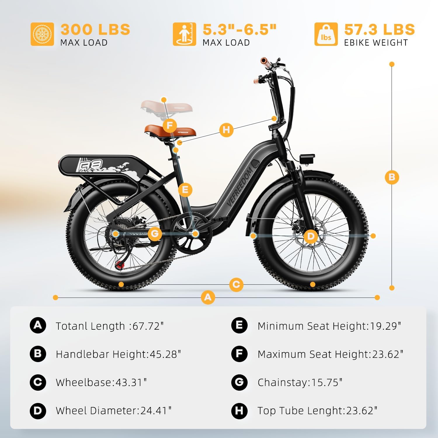 Diagram showing key dimensions of the electric bike
