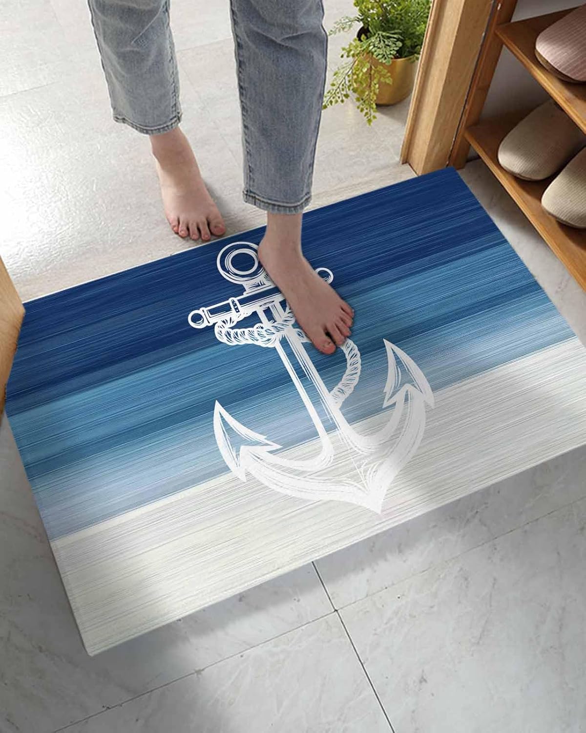 Indoor Doormat Nautical Ocean Anchor Blue Ombre,Shaggy Floor Mat with Non-Skid Backing Modern Stripe Gradient Art,Machine Washable Plush Area Rug Carpets for Kitchen Nursery Bedroom