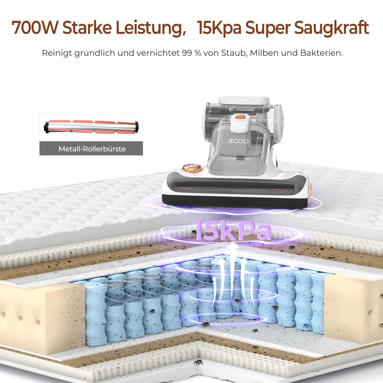 JIGOO Battimaterasso, Aspiratore acaro per materassi con luce UV, Autentico 700W/15 kpa, Antiacari rimuove il 99,9%, Indicatore LED, Basso rumore (Bianco)