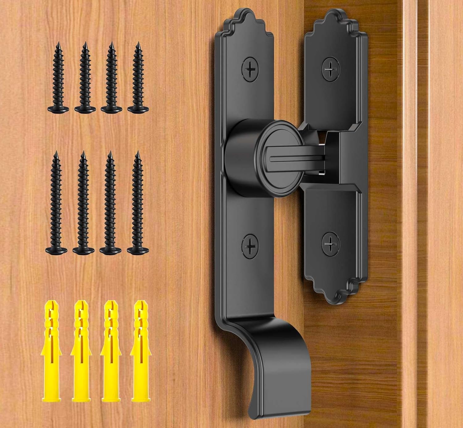 90/180 Degree Barn Door Latch, Heavy Duty Hardware Sliding Screen Door Lock, Sliding Latch Lock with Handle for Bathroom, Bedroom, Cabinets, Garden, Garage, Outdoor (90 Degree Black-1pcs)
