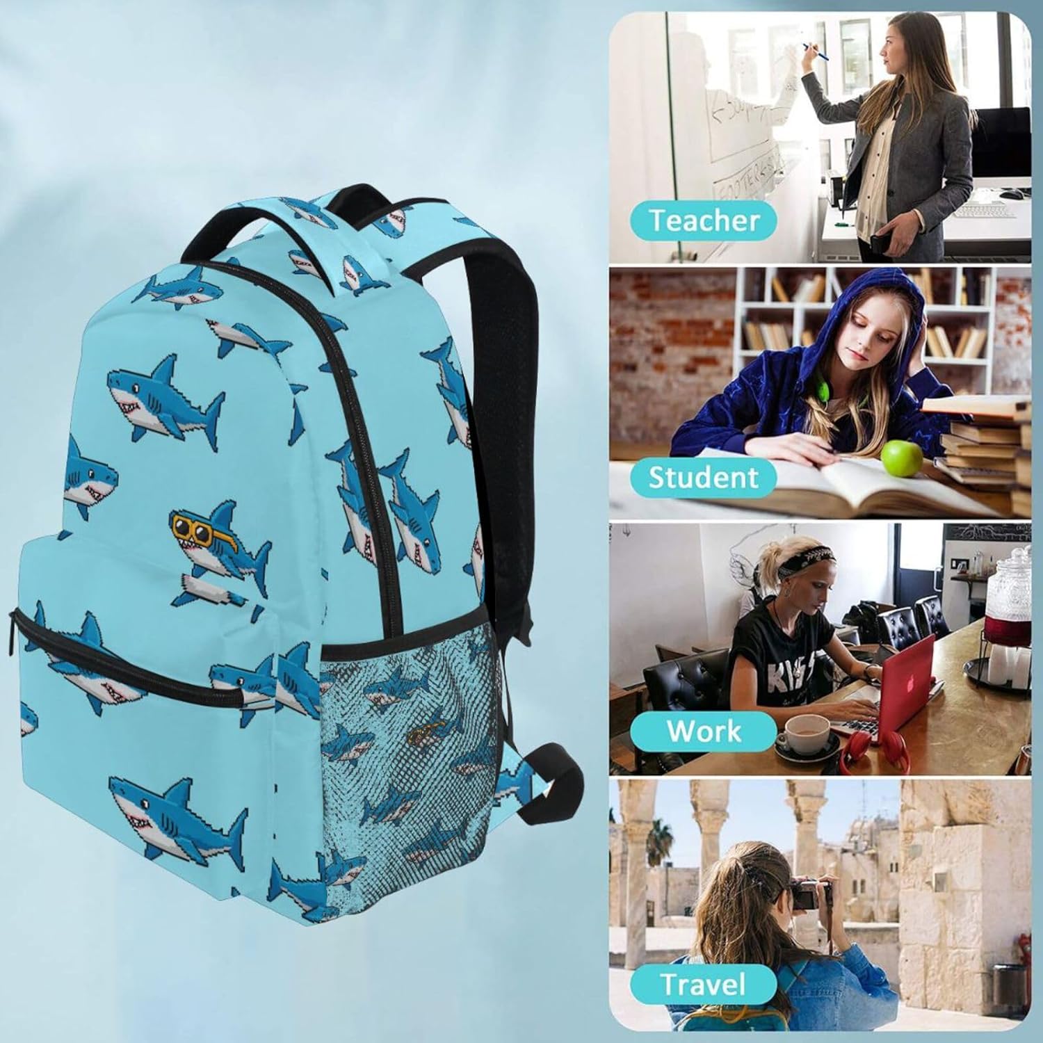 QUGRL Cute Sharks Sunglasses School Backpack for Girls Boys Ocean Sea Large Bookbag Laptop Computer Bag Casual Hiking Travel Daypack Backpack Schoolbag for Teens College 16 Inch