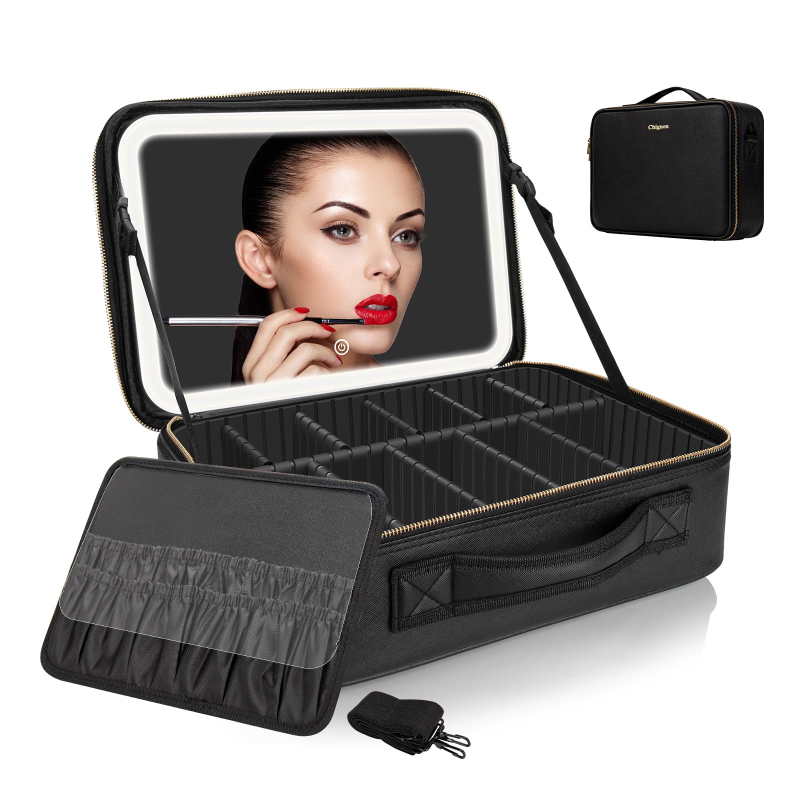 Estuche de maquillaje grande de 37.08 x 26.16 cm, color negro con espejo iluminado, bolsa de viaje profesional con luz LED, luz de 3 colores y estuche de maquillaje de brillo ajustable para