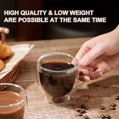 Miniatura 4 de KitchenTour - Taza de café aislada de 6 onzas, taza de café de vidrio de doble pared con asa, juego de 4 vasos de vidrio transparente para expreso,