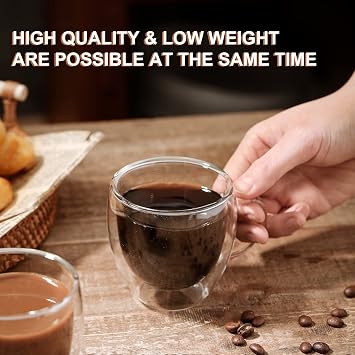 KitchenTour Insulated Coffee Mug 6 oz- Double Wall Glass Coffee Cup with Handle Set of 4 - Clear Glass Drinkware for Espresso,Cappuccino, Latte,Hot Beverages